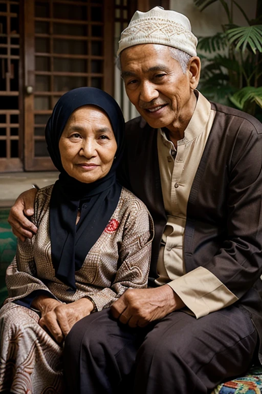 make me a realistic photo of an 85 year old Indonesian Muslim grandmother wearing a closed shirt cursing batik and wearing a brown hijab and a 90 year old Indonesian Muslim grandfather wearing a black peci sitting together smiling facing the camera