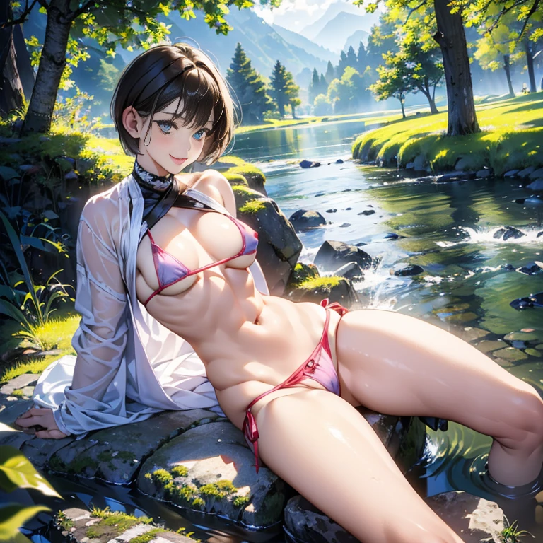 (8K、RAW Photos、top-quality、​masterpiece:1.2)、(realisitic、Photorealsitic:1.37)、1girl in、japanes、13th year、((In the woods))、((Dark Mountains々Deep lake))、((Rocks in the background))、(Enter the river)、natural soft light、photon maping、Radio City、dark brown hair、Detailed face、Detailed lips、detailedeyes、More skin、Double eyelids、(huge-breasted:1.4)、((Tiny micro bikini))、(Nipple protrusions:1.3)、(The shape of the pubic area is clearly visible)、perfectbody、shinny skin、(Sit up)、((opens legs))、(A smile)、model poses、Make eye contact with the camera, high details, High quality, awardwinning, Best Quality, hight resolution, 8K,13years, Junior high school girl, (short-hair:1.5), Delicate body