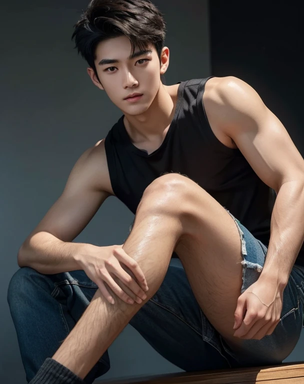 Solo, male focus, (masterpiece, ultra quality, high resolution, 8k, intricate: 1.2), (detailed face:1.2), handsome, Young Korean man ,white skin, double eyelids , detailed skin, 1boy, ((realistic)), abs, good lighting quality, muscle veins, ((pale skin)), (sitting:1.2), (spread legs:1.3),