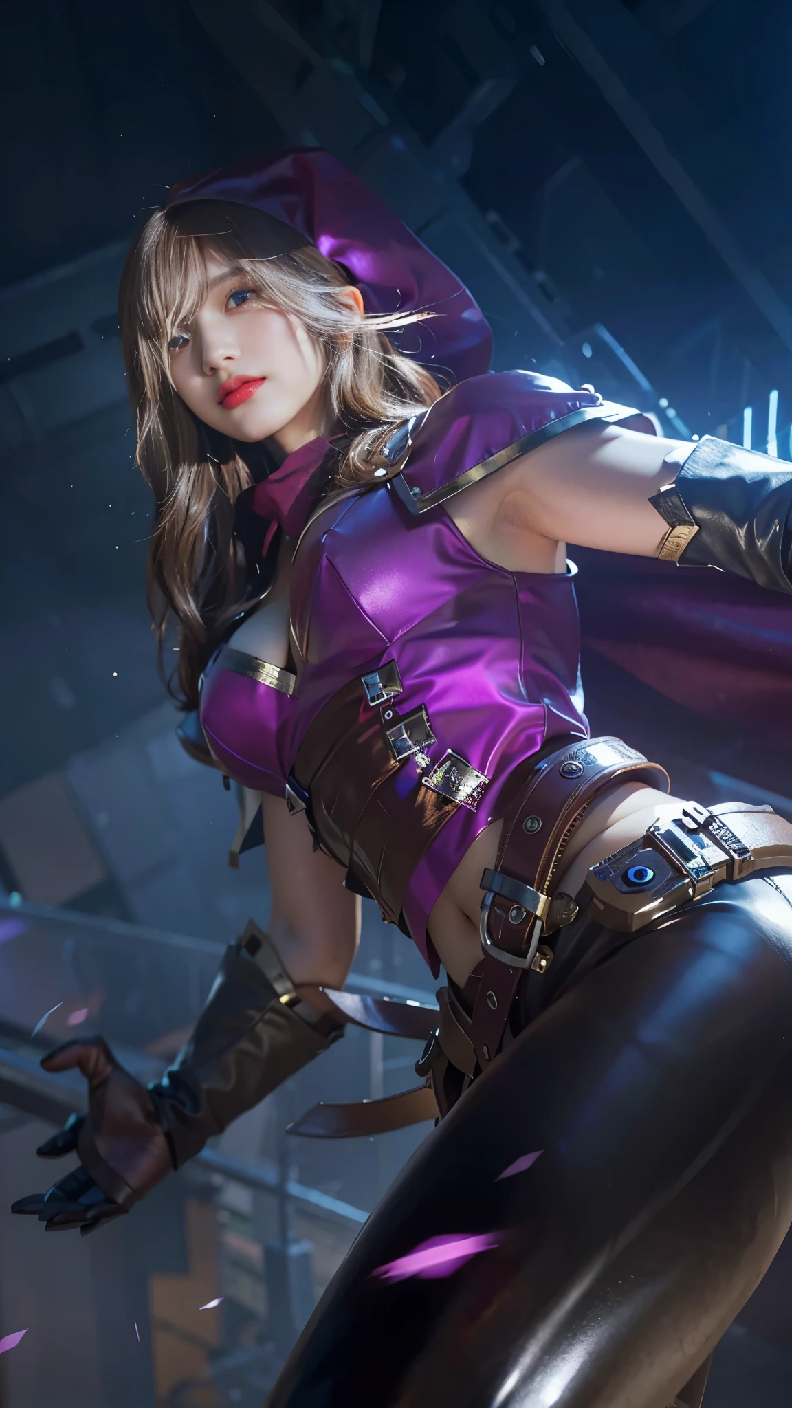 masterpiece, highest quality, hai leanga style, monochrome))),  internal (DQ3), short hair, brown hair, blue eyes, circlet, strapless, Wearing a black high-leg swimsuit, purple cloak, Thighhighs, gloves, boots, belt, sheath,, knee boots, sword, shield、Are standing、solo
