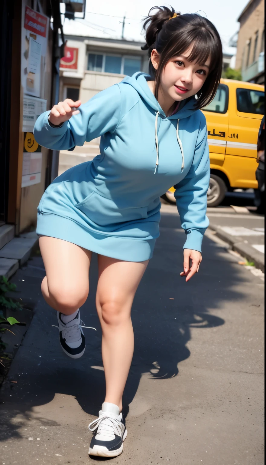 ((best quality)), ((masterpiece)), (detailed), perfect face, wanita chubby, tubuh seksi dan chubby, memakai seksi dress, rambut medium bergelombang, memakai sneakers, hoodie, chubby lengan, paha chubby, kulit putih susu, payudara chubby