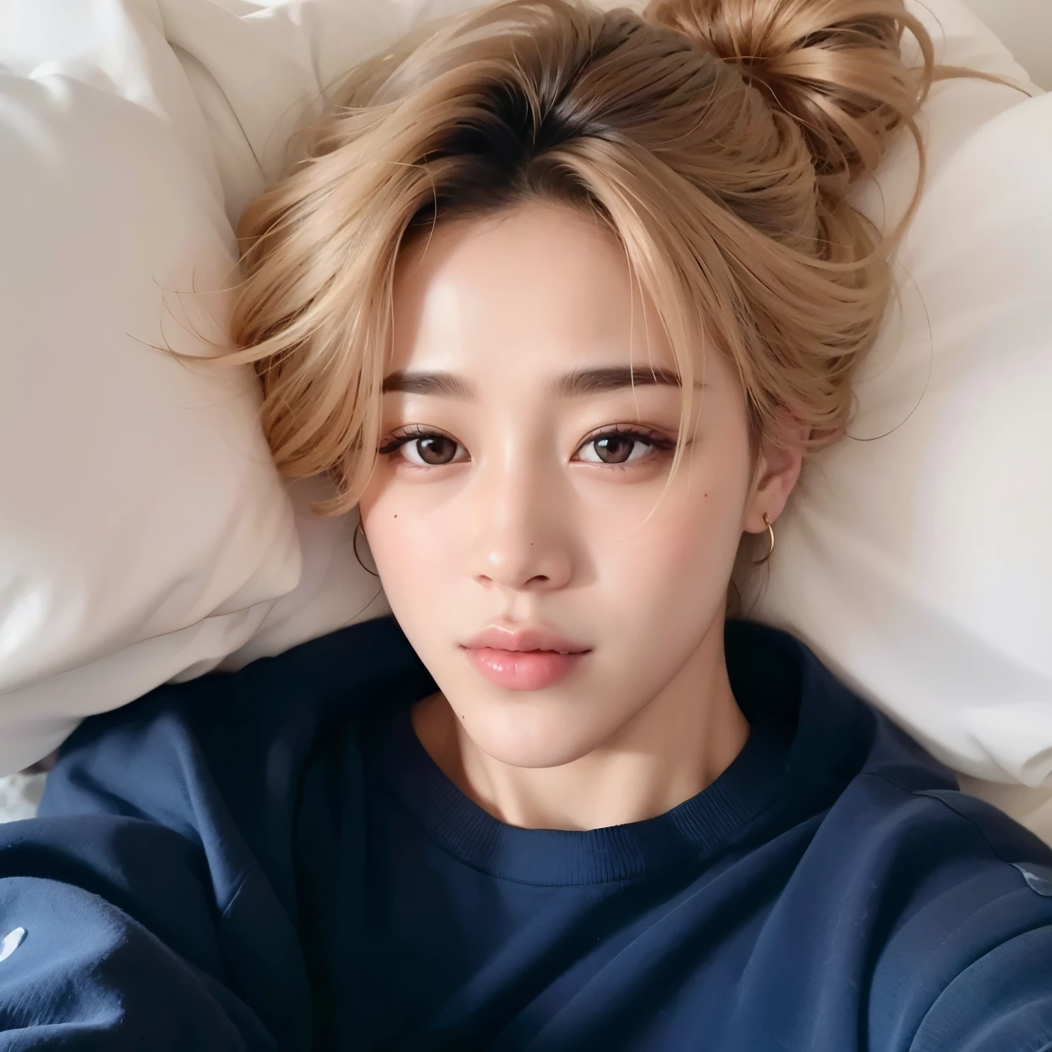 mulher arafed deitada na cama com um travesseiro e um travesseiro, Jimin\the full lips, accurate Jimin face, Jimin\the right eyelid is swollen, park Jimin, Jimin\o nariz grego, Jimin, adorable and pale korean face, Sun Yunjoo, dilraba dilmurat, taejune kim, com cabelo curto, realista. Cheng Yi