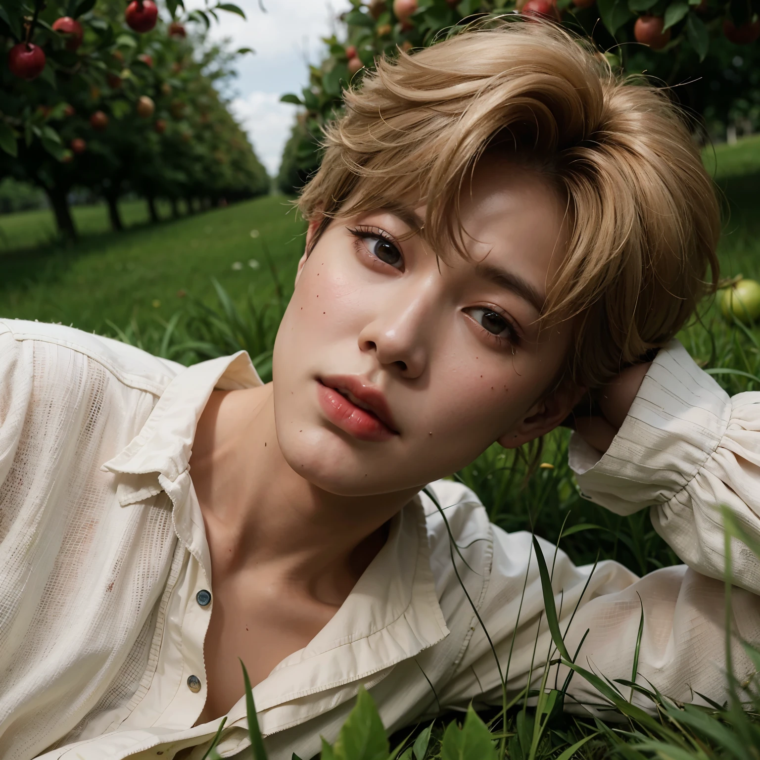 blond man lying on the grass with apples in the background, Jung Jaehyun, park Jimin, Jimin\the full lips, Jimin, pintar ulzzang, accurate Jimin face, cai xukun, taejune kim, Steven Jung, Yanjun Chengt, xqc, Jimin\o nariz grego, hyung tae, Kim Doyoung