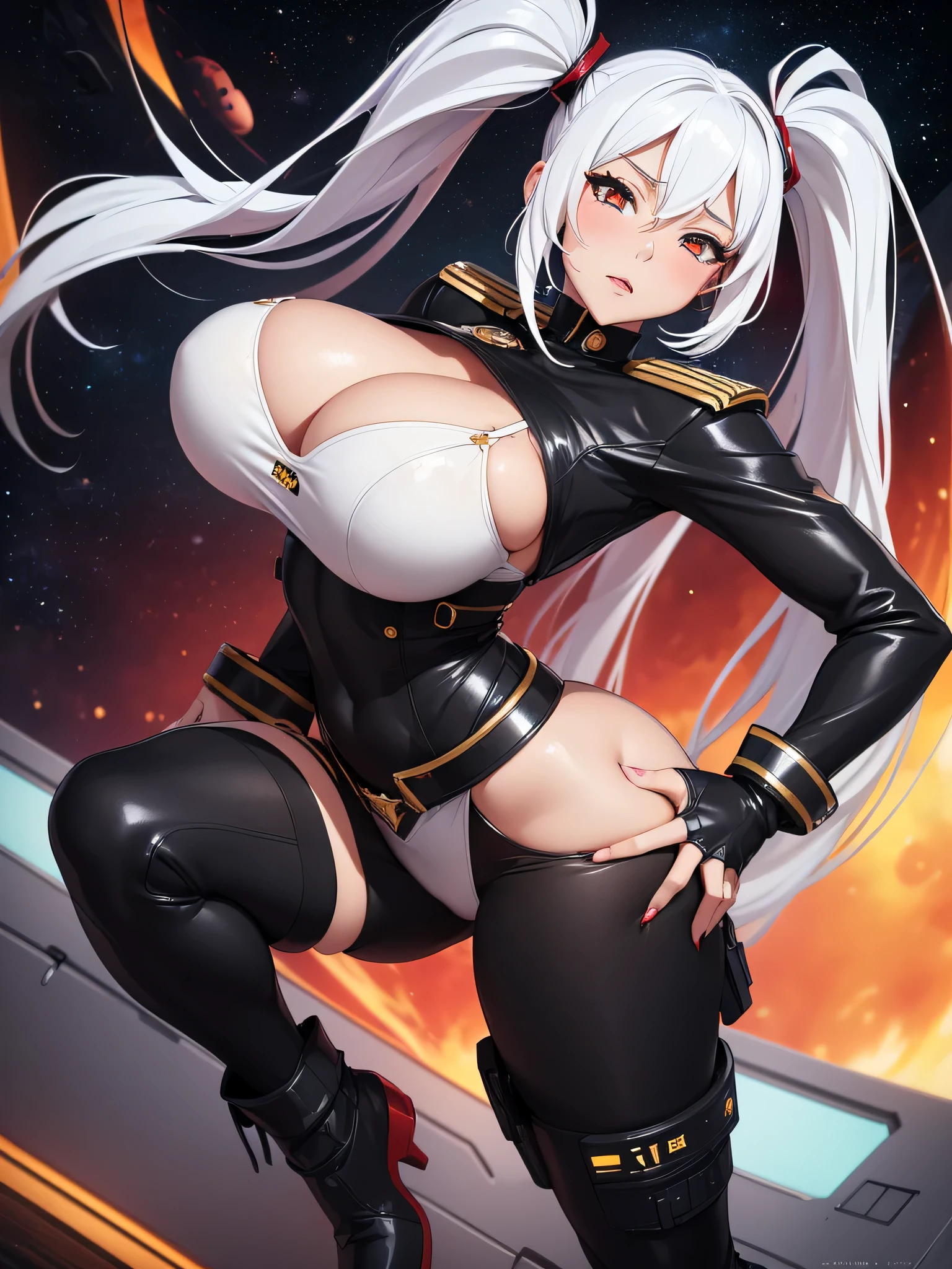 super high image, super detail, super high resolution, best quality, (full body image), ((anime)), (((masterpiece))), , (((sexy girl))), (17years old),(pretty face), (perfect body), (hourglass body shape), ((long twin tail white hair)), (beautiful eyes), (bursting breasts), ((massive breasts:1.0)), (perfect breasts), (deep cleavage), (sexy), (((black space military captain uniform with red accents))), sexy expression, (((erotic pose))), (thin waist:1.0), (thick hips:1.0), (thick ass:1.0), (high quality hands), ((on spaceship))