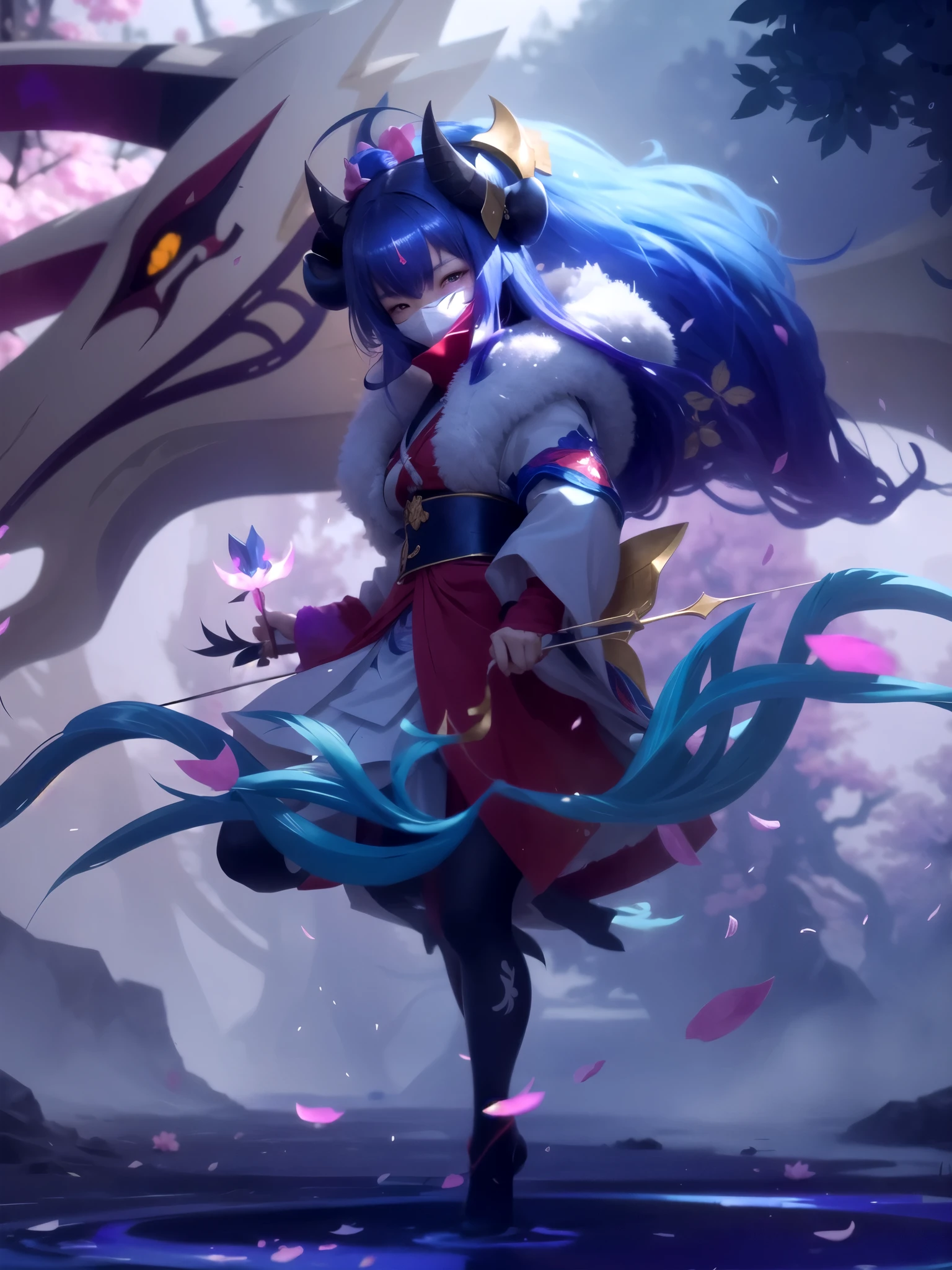 A Japanese girl with horns on her head, wearing a mask, and a white woolen shoulder cape, holding a blue bow and arrow. She has long blue hair and is surrounded by cherry blossom petals. The image is of high quality and has a lot of detail. The art style is inspired by the game Onmyoji, with detailed and artistic ink splashes. The image is realistic and vibrant.