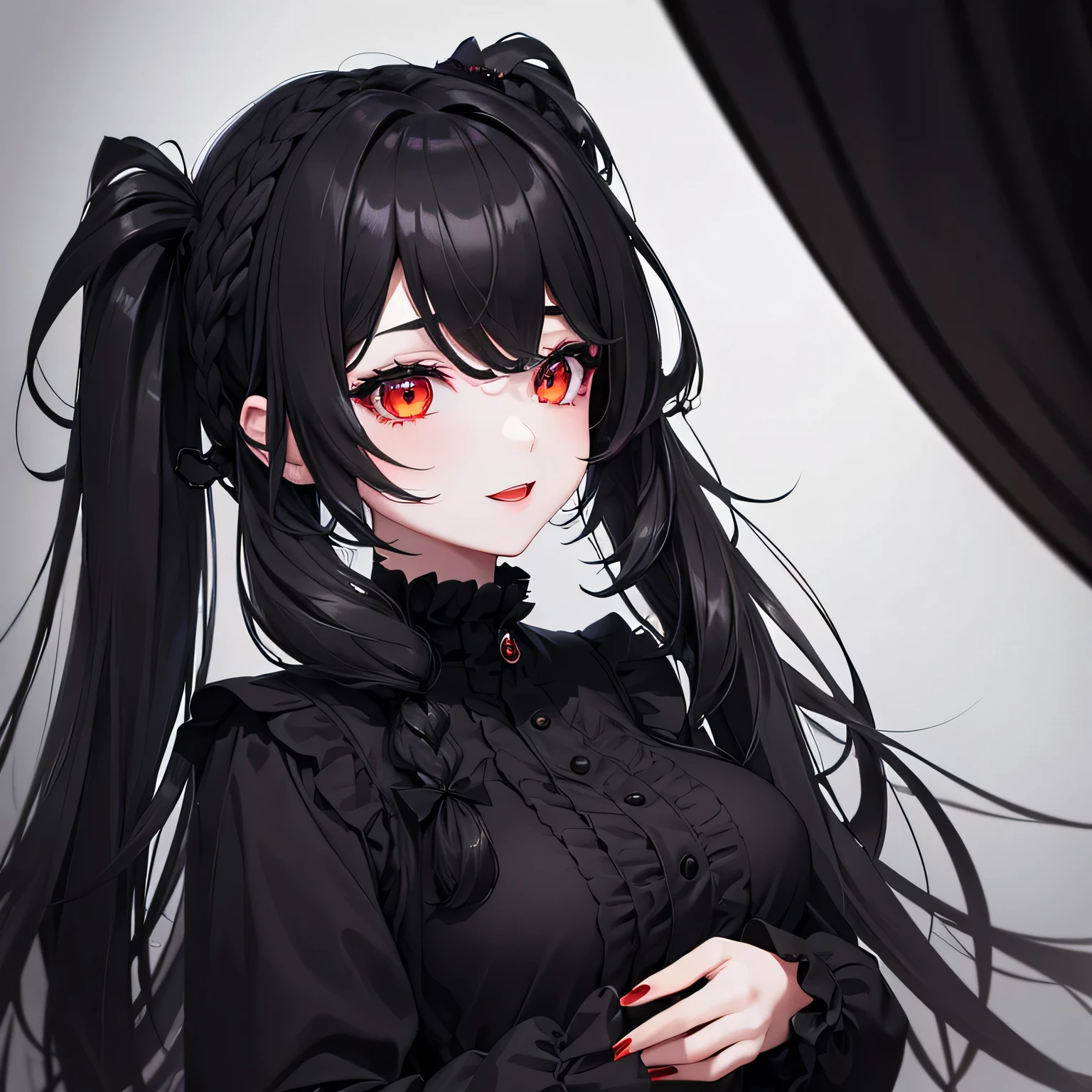 1 girl,Depp's Sense,confused,catch light,Super beautiful illustration,(black color,long hairstyles:1.6),turn around,dark dark eyeshadow,bright red lipstick,Gothic Lolita,Upper body,;d,beautiful and delicate flowing hair,delicate and detailed red eyes,big breasts
