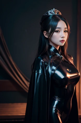 a woman in a latex outfit posing for the camera, a portrait, tumblr, queen of the sea mu yanling, alexa grace, deep black robe, sexy-s 100, 💣 💥, album, kazakh empress, laced lingerie, official, chinese