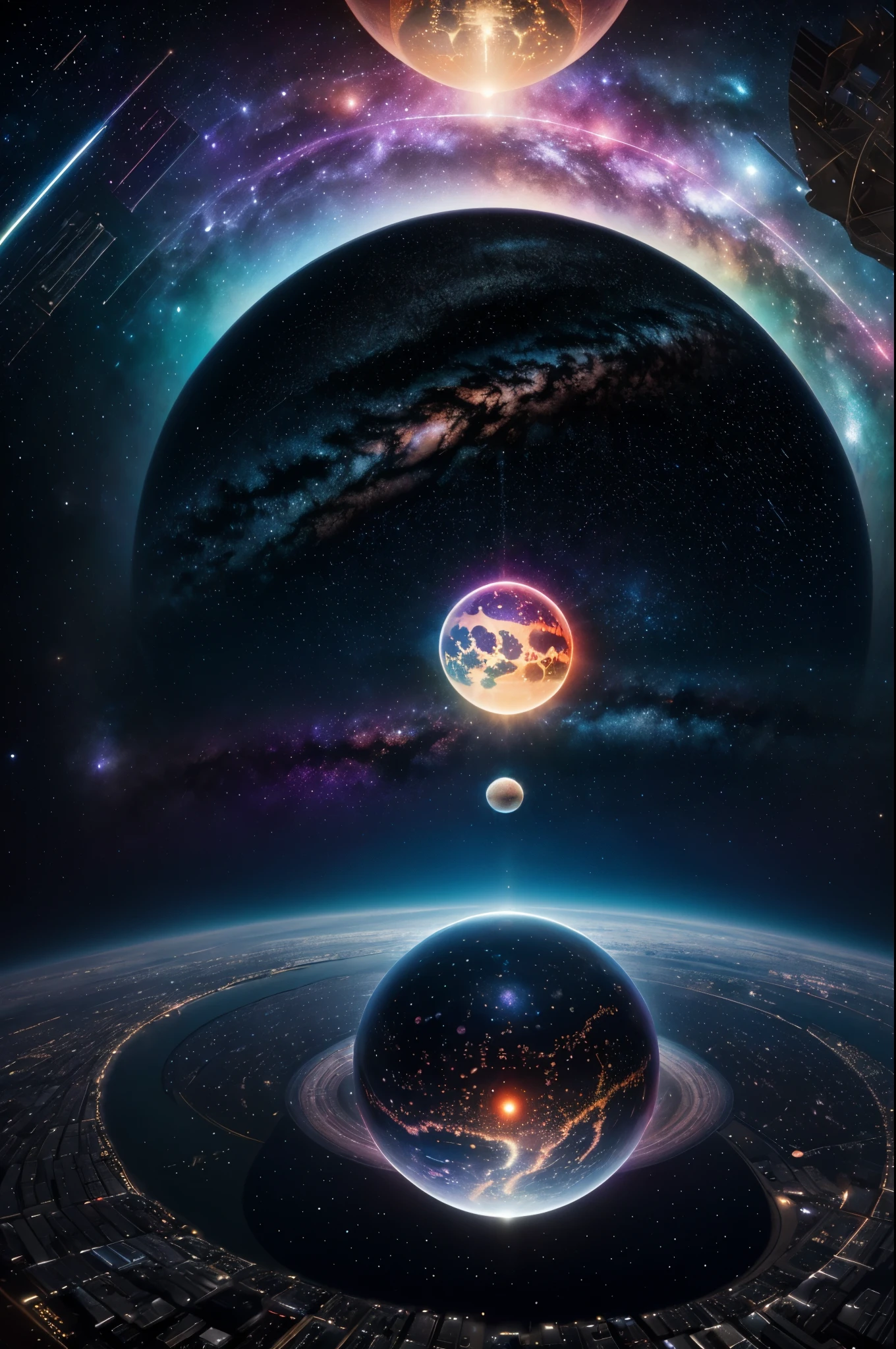 Create a surreal and vibrant cosmic scene featuring geometric shapes, celestial bodies, and an intricate cityscape. The scene should be centered around a glowing sphere emitting radiant light. The background should be filled with stars and galaxies, giving it a deep space atmosphere.