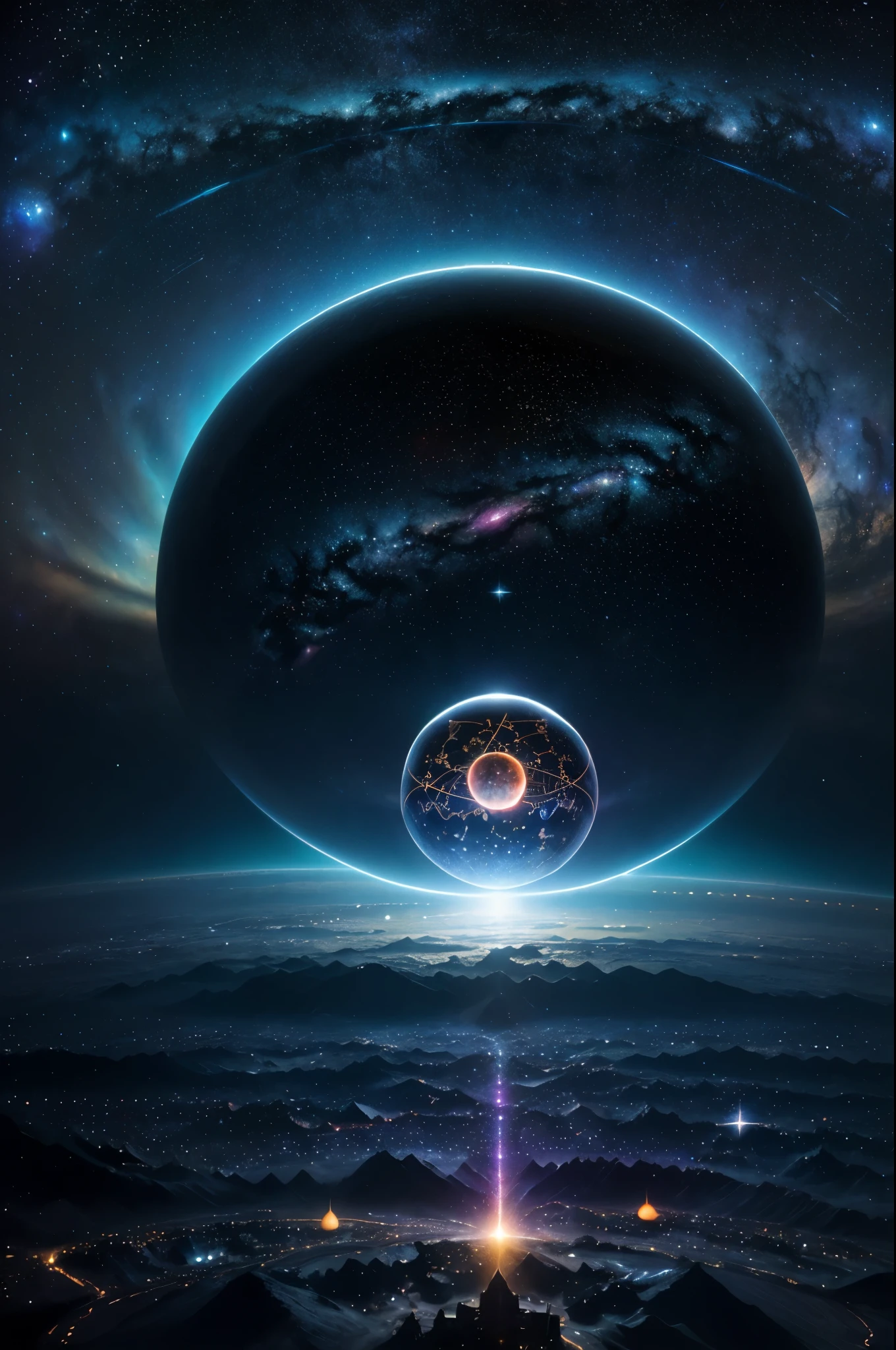 Create a surreal and vibrant cosmic scene featuring geometric shapes, celestial bodies, and an intricate cityscape. The scene should be centered around a glowing sphere emitting radiant light. The background should be filled with stars and galaxies, giving it a deep space atmosphere.