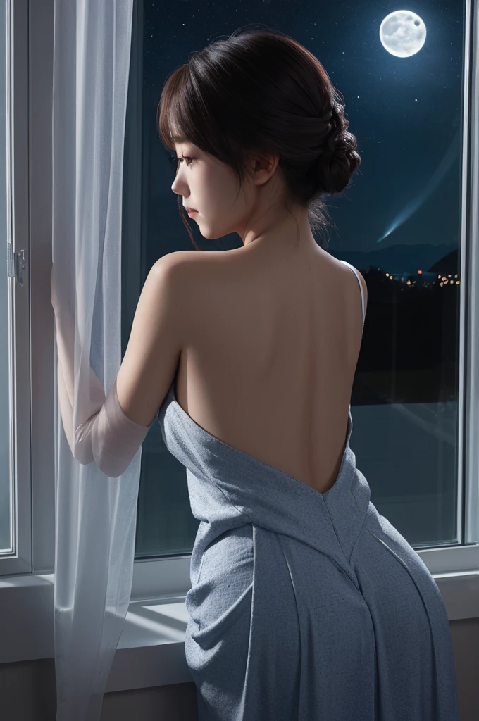 ((leaning against the window)) a pensive girl((back view))、The night sky seen through the window、moonlight illuminating the whole thing。