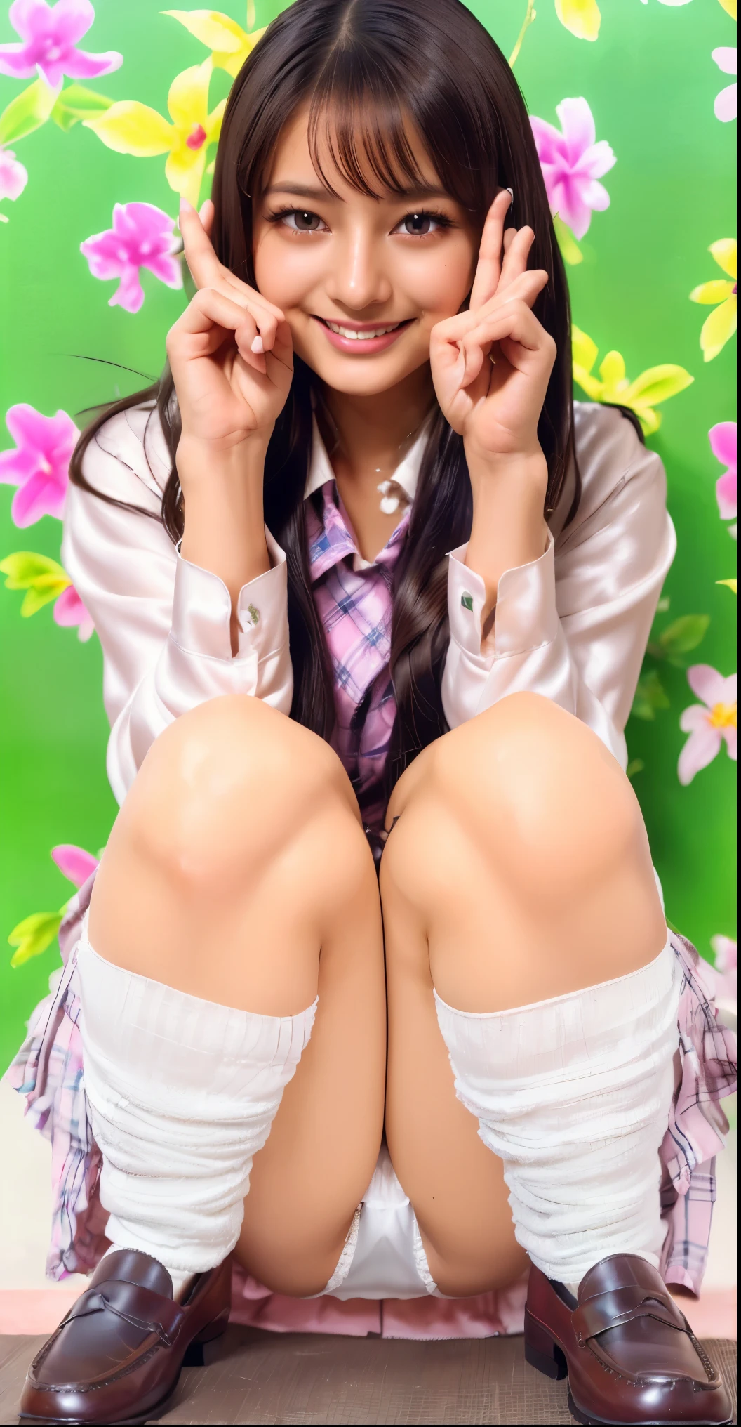 (looking at viewer:1.5), (big smile:1.3),(beaming smile:1.3),bursting smile, (extremely beautiful face:1.3),(white panties are clearly visible:1.3), (big eyes:1.3),(double eyelids:1.3),(very long silky hair:1.3),(long eyelashes:1.2), beautiful lips, beautiful eyes, beautiful teeth, (realistic cotton panties:1.3),(white panties:1.3),(detailed panties:1.3),32K,masterpiece,( girl:1.2), (round and small face:1.3), Raw photo, (detailed fingers:1.2),Best Quality, photorealistic, highly detailed CG Unity 32K wallpaper, intricate detailed face, (Ultra detailed skin:1.2) super idol, clear eyes, thick thighs, drooping eyes ,(checked skirt:1.3), Japanese school uniform, (brown loafers:1.3), loose socks,