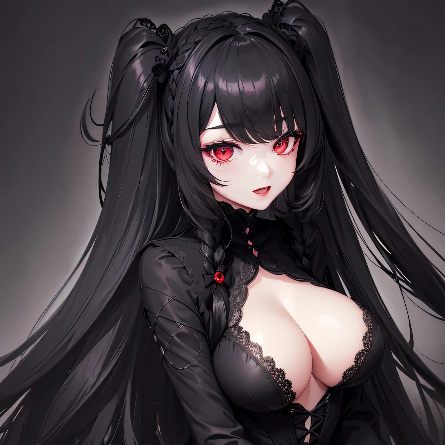 1 girl,Depp's Sense,confused,catch light,Super beautiful illustration,(black color,long hairstyles:1.6),turn around,dark dark eyeshadow,bright red lipstick,Gothic Lolita,Upper body,;d,beautiful and delicate flowing hair,delicate and detailed red eyes,big breasts