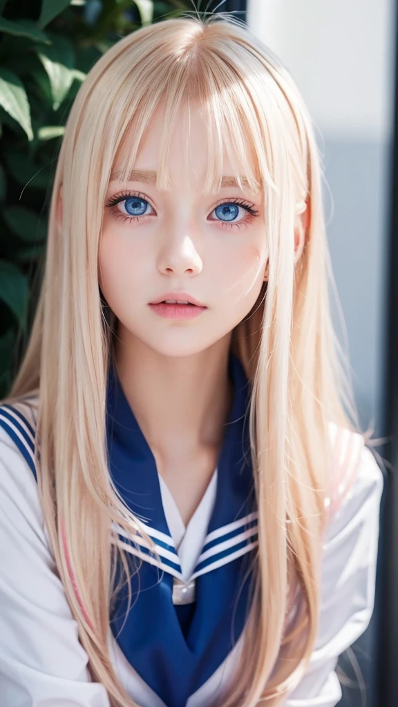 bust shot、pink sailor suit、uniform、Very beautiful Swedish 16 year old beautiful girl、shiny dazzling shiny skin、beautiful bangs、Very long and straight silky beautiful platinum blonde、super long straight hair、eyeliner、small face、big、 Crystal clear marine blue eyes that shine beautifully、Beautiful and bright girl、crawl on all fours、shy look、cheek gloss highlight