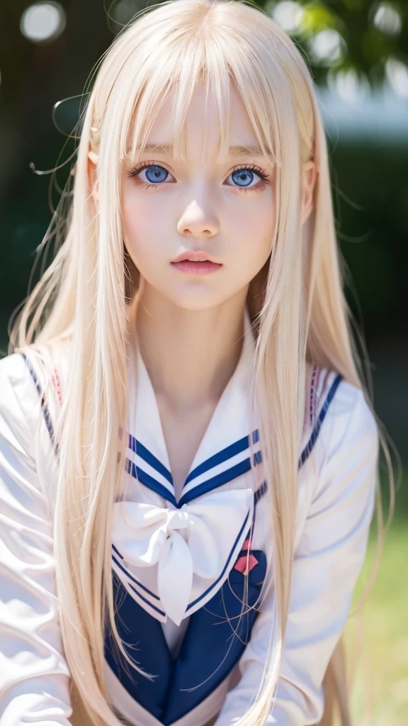 bust shot、pink sailor suit、uniform、Very beautiful Swedish 16 year old beautiful girl、shiny dazzling shiny skin、beautiful bangs、Very long and straight silky beautiful platinum blonde、super long straight hair、eyeliner、small face、big、 Crystal clear marine blue eyes that shine beautifully、Beautiful and bright girl、crawl on all fours、shy look、cheek gloss highlight