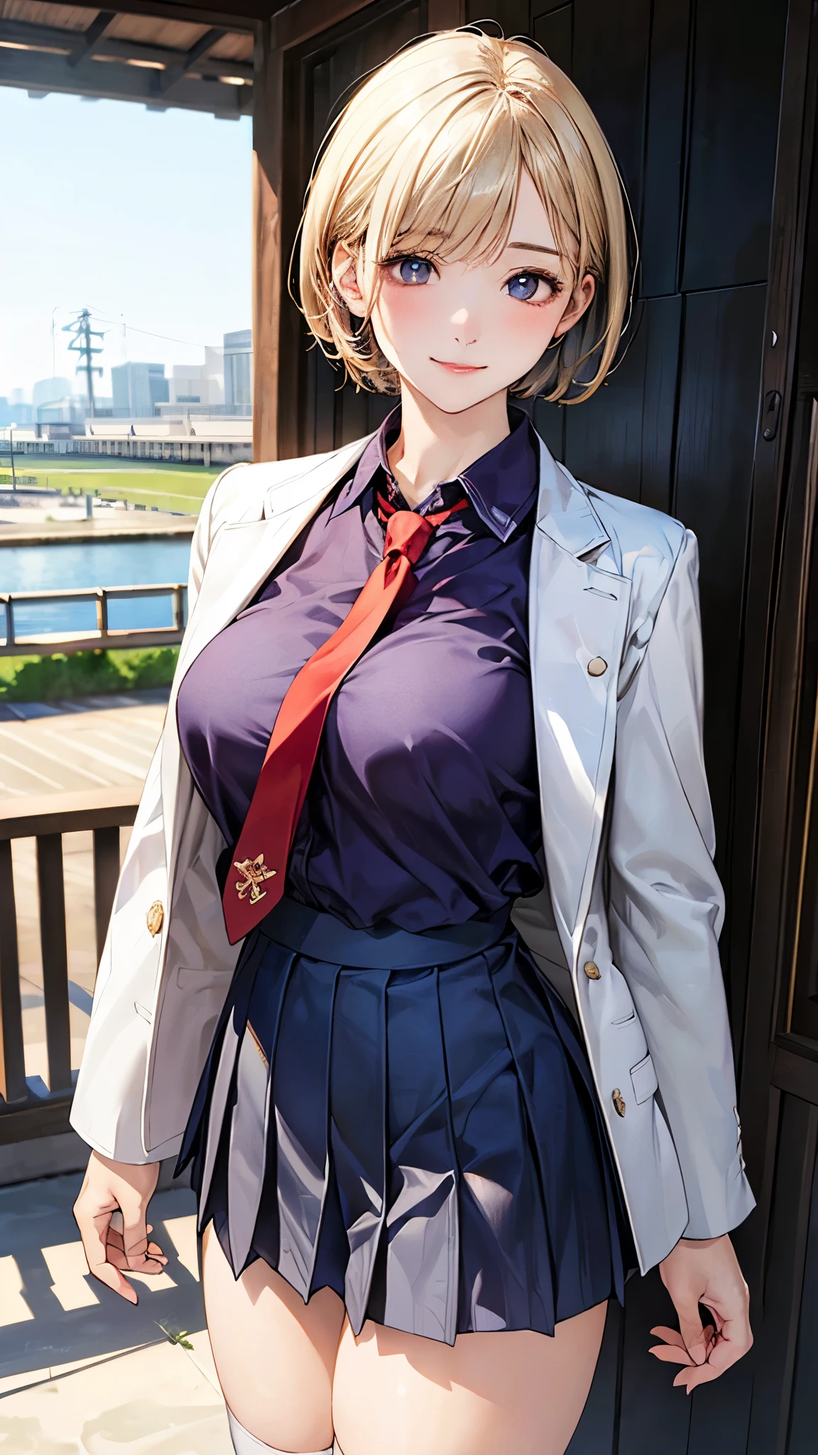 (masterpiece:1.2, top-quality), (realistic, photorealistic:1.4), beautiful illustration, (natural side lighting, movie lighting), nsfw,
looking at viewer, cowboy shot, front view:0.6, 1 girl, japanese, high school girl, perfect face, cute and symmetrical face, shiny skin,
(short hair:1.5, pixie cut:1.4, blond hair), bangs pinned back, red eyes, long eye lasher, (large breasts:0.6, thick thighs),
beautiful hair, beautiful face, beautiful detailed eyes, beautiful clavicle, beautiful body, beautiful chest, beautiful thigh, beautiful legs, beautiful fingers,
((white collared shirts, navy jacket, grey pleated mini skirt, navy socks, brown loafer, red tie)),
(beautiful scenery), evening, riverside, standing, (half-closed eye,lovely smile, upper eyes),
