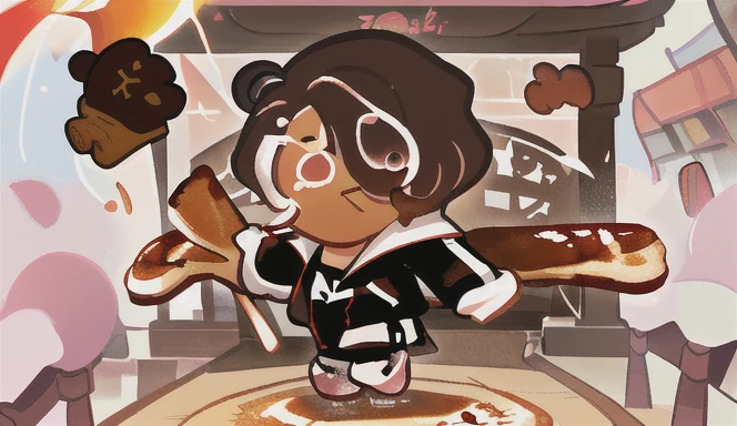 Cinnamon French Toast Cookie Walk on Road in Seoul, Medium Syrup Hair, Hair over eye, Dark Brown Tracksuit 