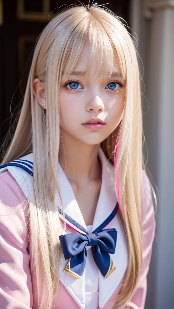 bust shot、pink sailor suit、uniform、Very beautiful Swedish 16 year old beautiful girl、shiny dazzling shiny skin、Beautiful messy bangs between the eyes、Very long and straight silky beautiful platinum blonde、super long straight hair、eyeliner、small face、big、 Crystal clear marine blue eyes that shine beautifully、Beautiful and bright girl、crawl on all fours、shy look、cheek gloss highlight