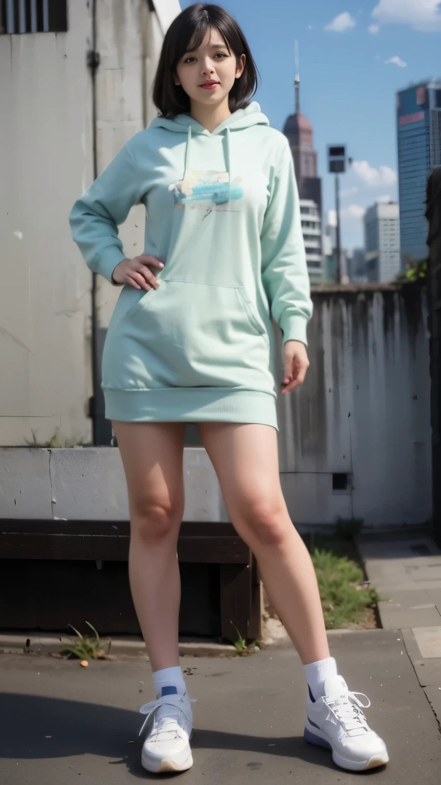 ((best quality)), ((masterpiece)), (detailed), perfect face, wanita chubby, tubuh seksi dan chubby, memakai seksi dress, rambut medium bergelombang, memakai sneakers, hoodie, chubby lengan, paha chubby, kulit putih susu