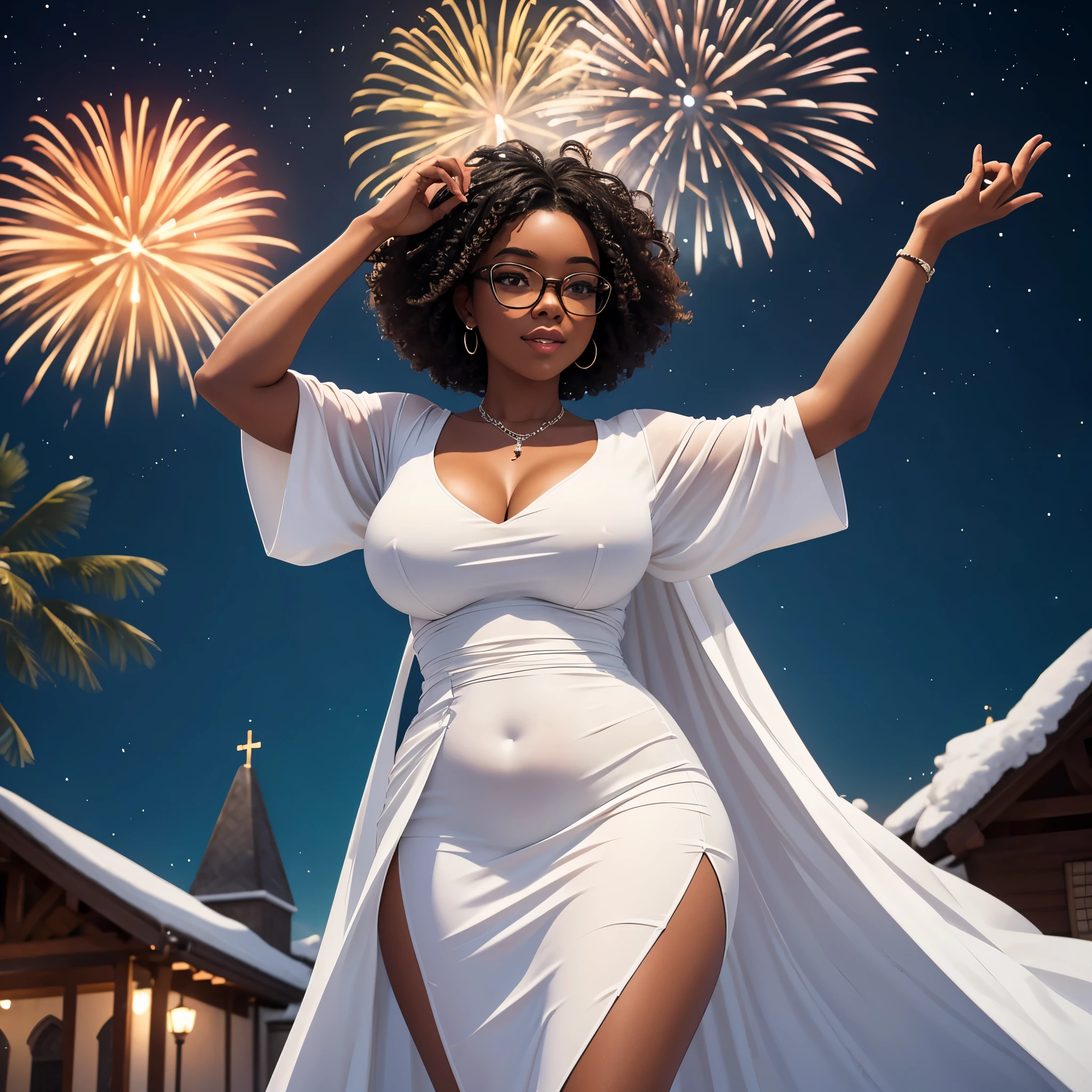 8k, ultra high definition, unreal engine, ultra detailed, ultra high resolution, ultra focus, beautiful voluptuous girl, black girl, round face, curvy body, short curly hair, dark skin, glasses, wearing a white long white african dress, in front of church, arm stretched towards the camera, 31st night, people in the background all wearing white, night sky, fireworks, detailed background, joyous occasion, new year celebration,