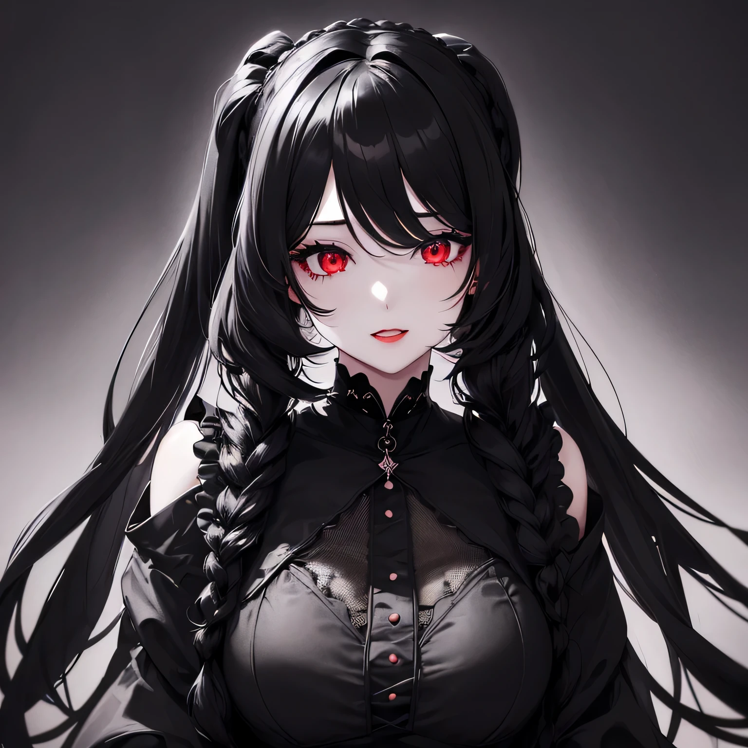 1 girl,Depp's Sense,confused,catch light,Super beautiful illustration,(black color,long hairstyles:1.6),turn around,dark dark eyeshadow,bright red lipstick,Gothic Lolita,Upper body,;d,beautiful and delicate flowing hair,delicate and detailed red eyes,emphasized chest,big breasts