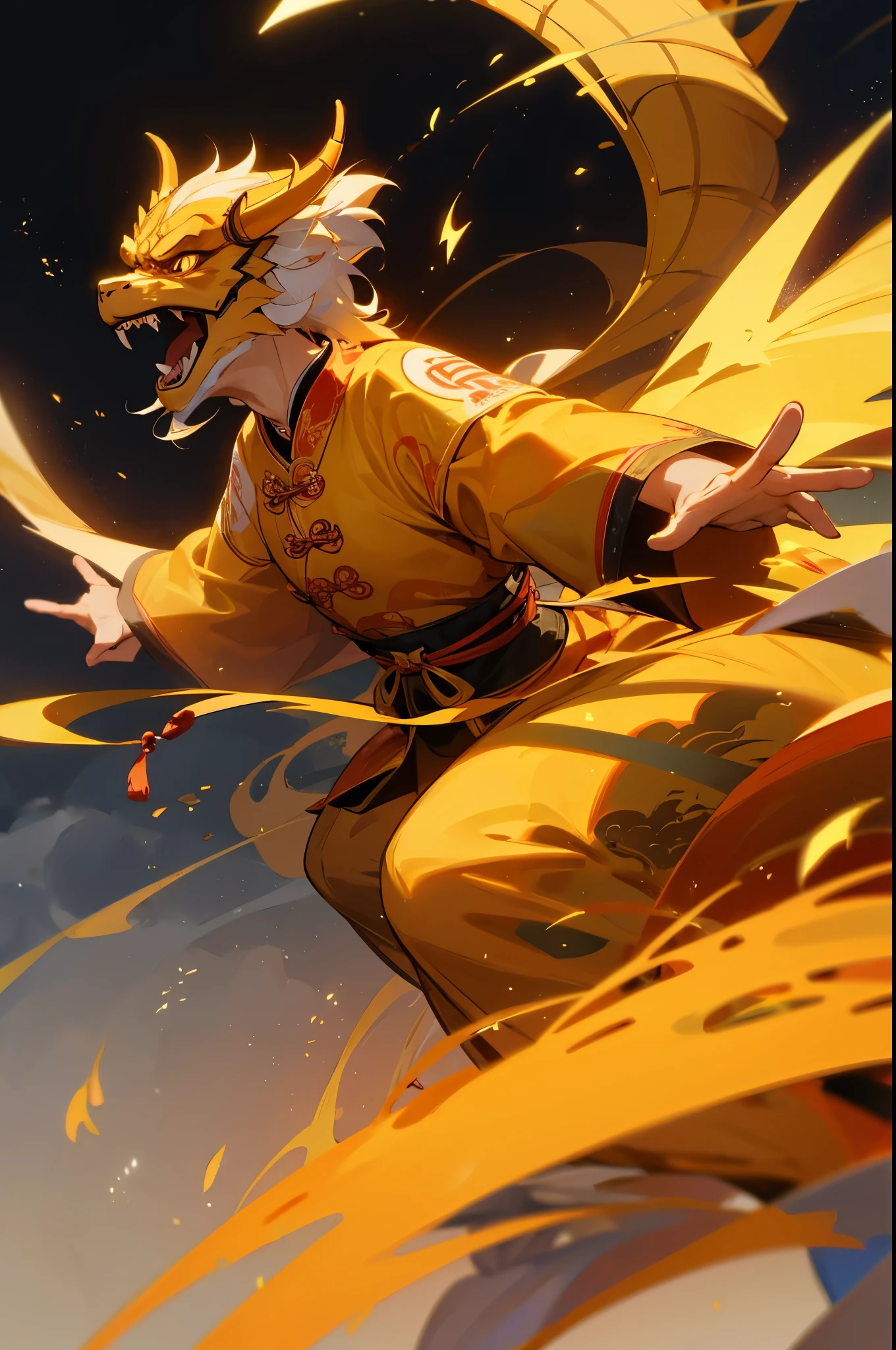 The golden Chinese dragon made up of particles, flying in the night