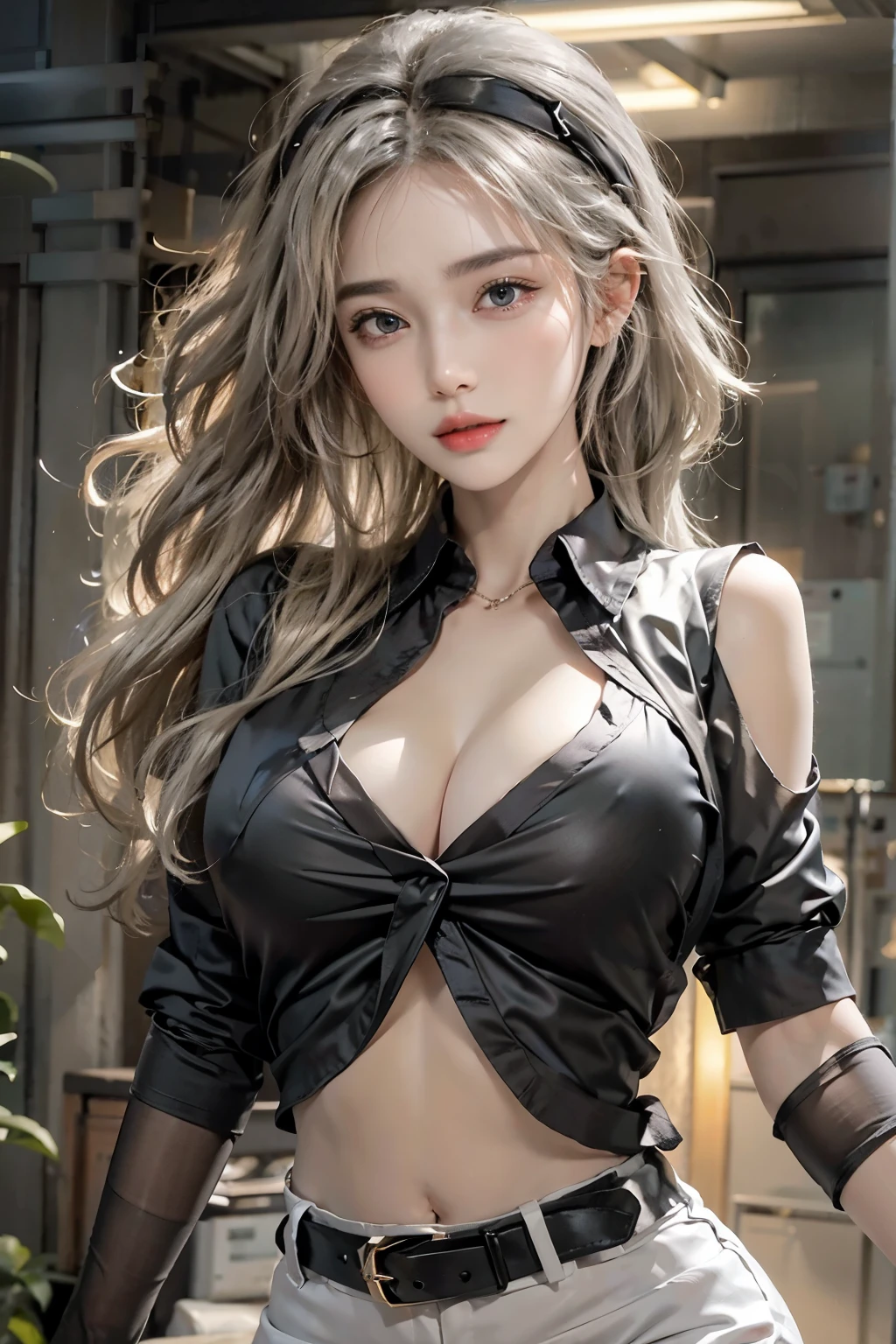 realistic, High resolution, soft light,1 female, alone, hip up, glowing skin, (detailed face),tattoo, jewelry, Secretarial Uniform, white shirt, black skirt, black stockings, garter belt, night, blonde hair, wavy hair, Beautiful Soldier, Eyes that invite the viewer, lover's perspective, an inviting look, sexy smile, perfect style, perfect balance, fine skin, naughty look, I can see your chest