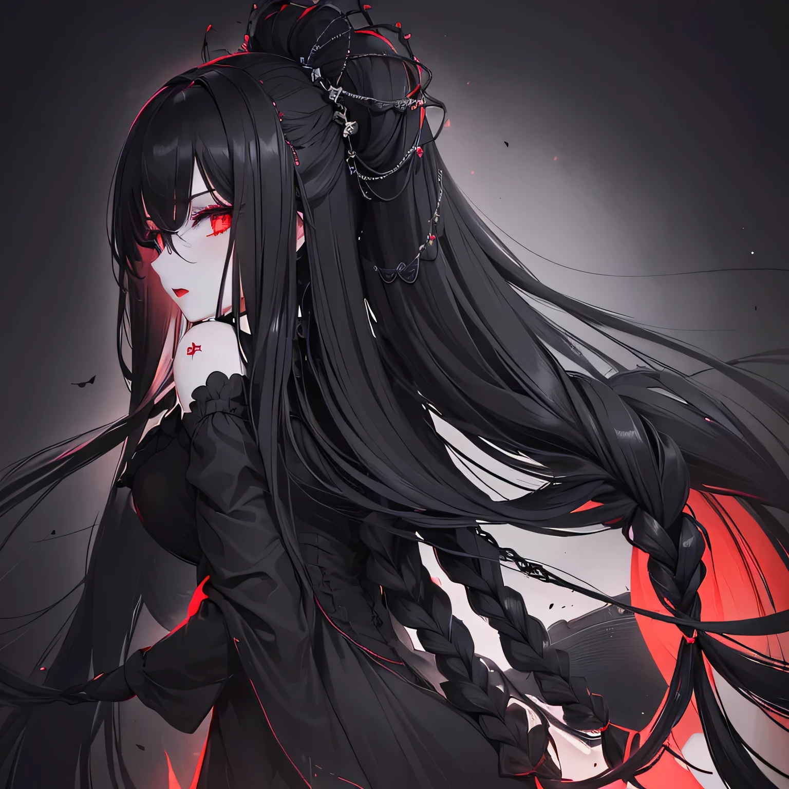 1 girl,Depp's Sense,confused,catch light,Super beautiful illustration,(black color,long hairstyles:1.6),turn around,dark dark eyeshadow,bright red lipstick,Gothic ta,Upper body,;d,beautiful and delicate flowing hair,delicate and detailed red eyes,emphasized chest,big breasts