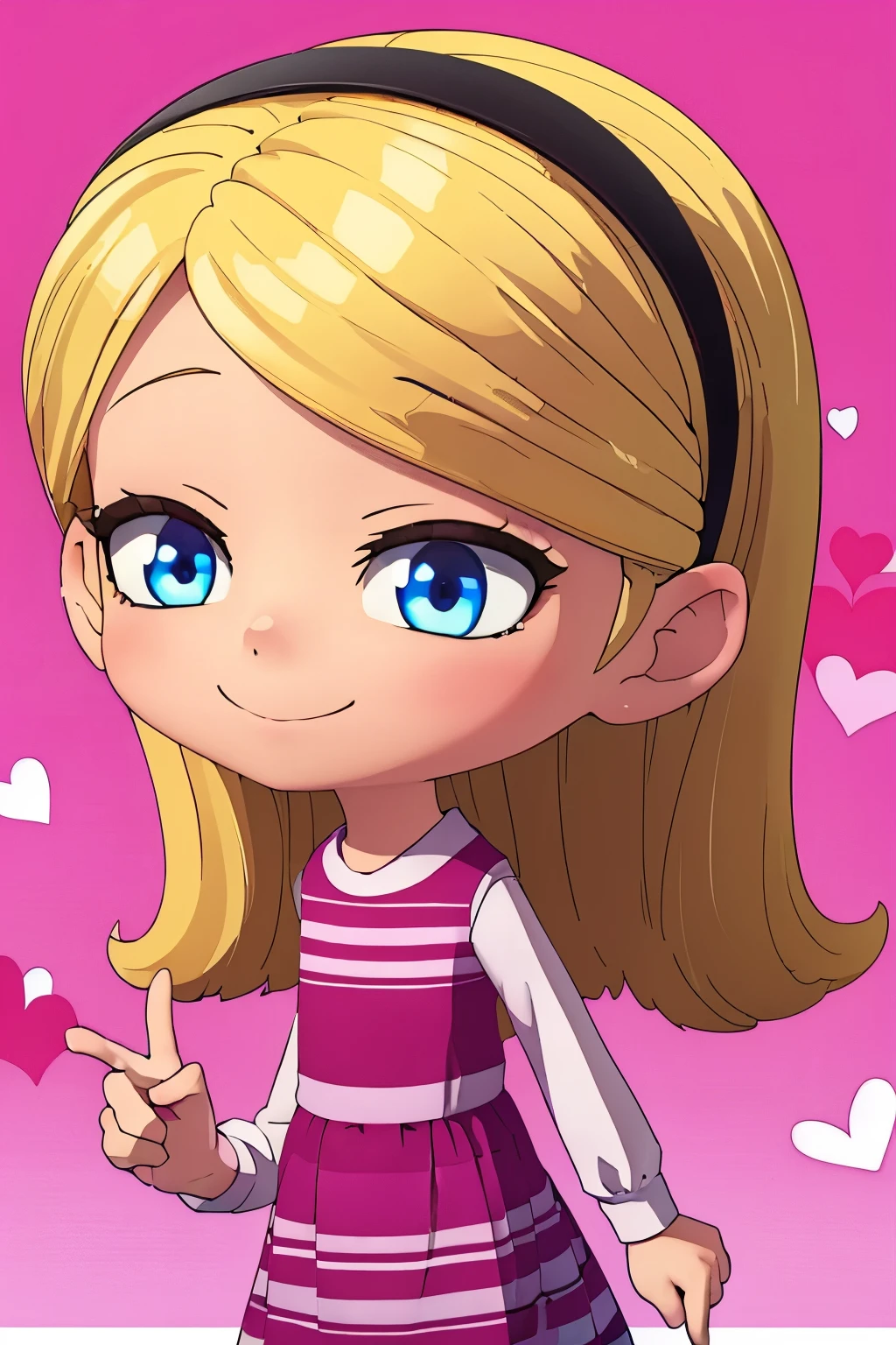 ((masterpiece, best quality)),1girl, solo,child, penny peterson, blonde hair, blue eyes, long hair, hairband, pink dress, high tube socks, one eye closed, peace sign, cute smile, cute art, cute, kawaii, left eye closed looking at viewer, happy, pink, hearts background,