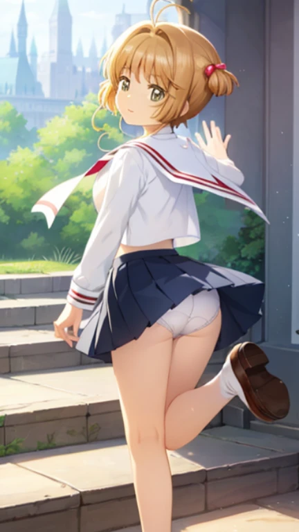 highest quality、8K、one girl,full body figure、child、primary school student、low length、10 talents、very big boobs,big boobs,perfect 5-fingered hands、Sakura Kinomoto、school uniform、mini skirt、I can see white panties、whitepanty、shy face、perfect thing、big breasts、two perfect arms、two perfect legs、detailed description、small details、detailed face、white skin、going up stairs、turn around、look back、Pose that emphasizes the buttocks、back view、Voluptuous legs、lift skirt、Skirt flip、erotic pose、kinomoto sakura、