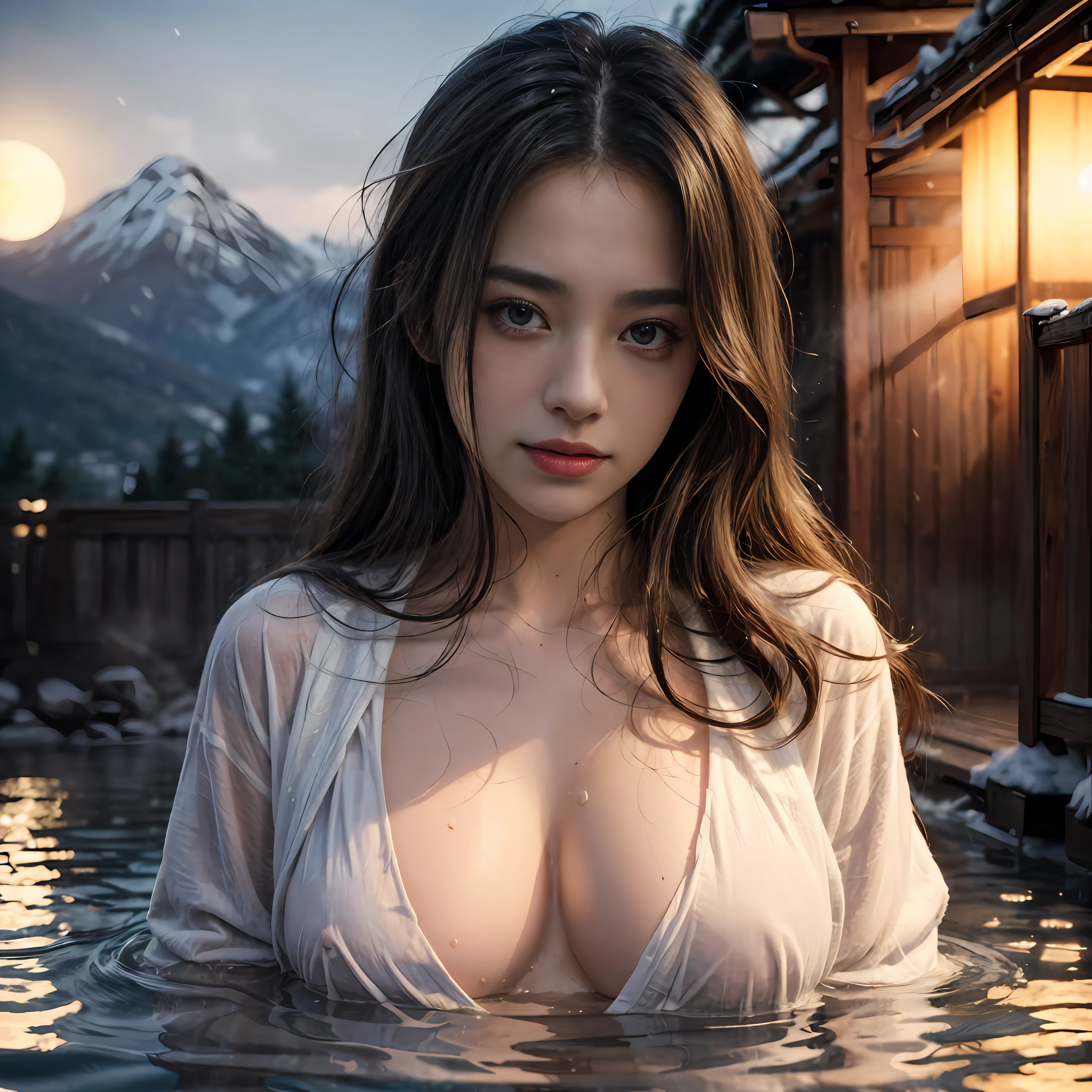 ((bestquality)), ((masterpiece)), (Girl soaking in an open-air onsen ) ,(see through bathrobe , no bra , no panties ) , turn away and looking at mountain , Post Stand , relax , happy , smile , Moonlight shines , Focus upper body , nipple , wet , Wet hair , Wet skin , mountain , snow , steam , nighttime , masterpiece quality, insane details, UHD, ultra-high resolution, (photorealistic portrait:1.4), official art, (8k, RAW photo:1.2),