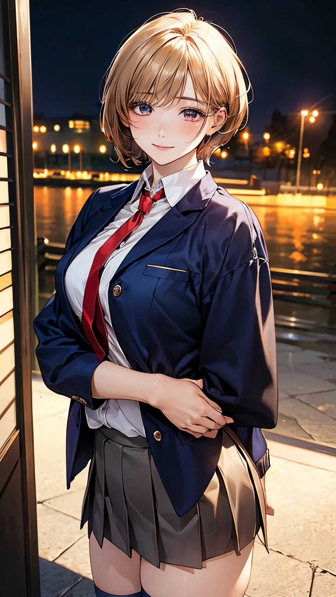 (masterpiece:1.2, top-quality), (realistic, photorealistic:1.4), beautiful illustration, (natural side lighting, movie lighting), nsfw,
looking at viewer, cowboy shot, front view:0.6, 1 girl, japanese, high school girl, perfect face, cute and symmetrical face, shiny skin,
(short hair:1.5, pixie cut:1.4, blond hair), bangs pinned back, red eyes, long eye lasher, (large breasts:0.6, thick thighs),
beautiful hair, beautiful face, beautiful detailed eyes, beautiful clavicle, beautiful body, beautiful chest, beautiful thigh, beautiful legs, beautiful fingers,
(((navy jacket), white collared shirts, grey pleated mini skirt, navy socks, brown loafer, red tie)),
(beautiful scenery), evening, riverside, standing, (half-closed eye,lovely smile, upper eyes),