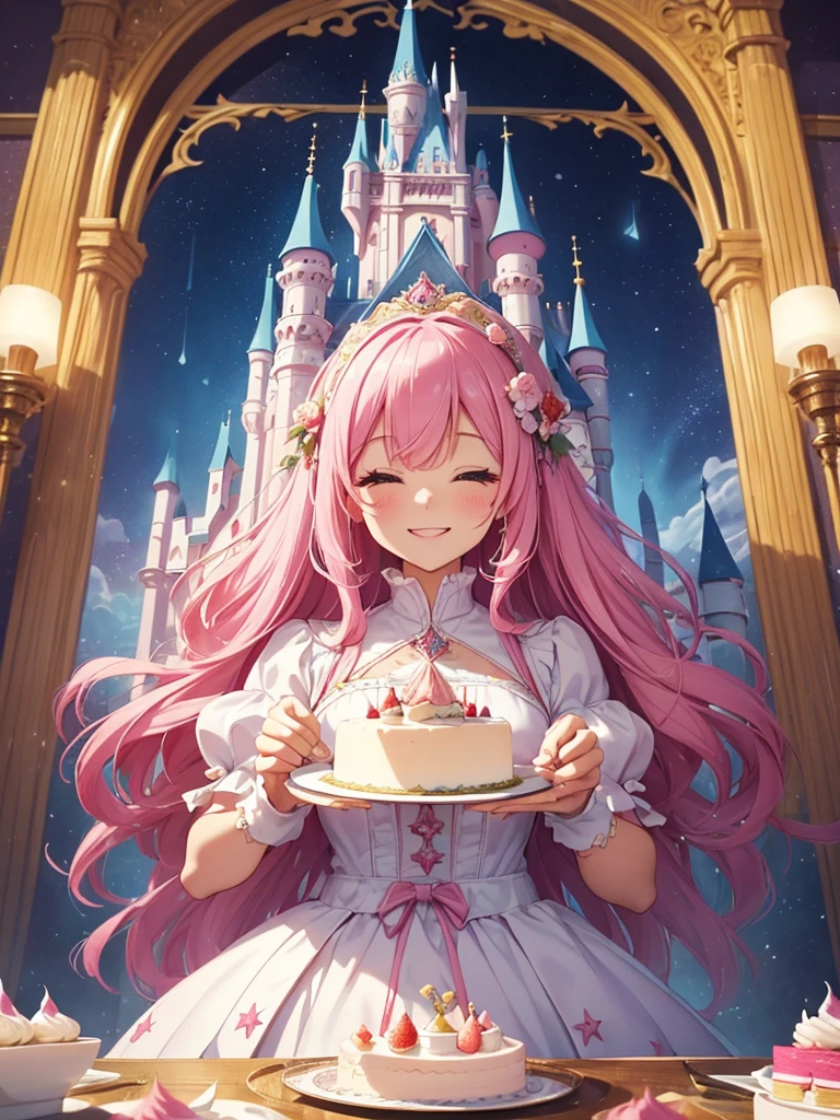 highest quality、Highest image quality、masterpiece、A castle made of a giant cake measuring 300 centimeters in height、、close up cake、Esbian、High quality、beautiful art、background((starry ski)))muste piece、visual art、Depth of bounds written、city of cakes、cake palace、、magic of light、、harp melody🎵、A happy smile、pink hair、gentle light、Beautiful fairy eats cake with a fork、ticker beautiful decorative、mystical　rosa、　、amazing strawberry cake、celebration！anniversary、myth、Art nouveau friendly smile、party、🍰huge cake for party、delicious、super huge cake 3 meters、castle made of cake　fairy tales、palace of cake
