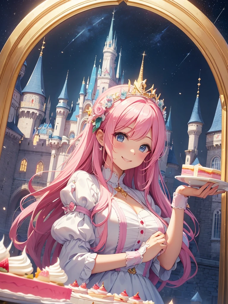 highest quality、Highest image quality、masterpiece、A castle made of a giant cake measuring 300 centimeters in height、、close up cake、Esbian、High quality、beautiful art、background((starry ski)))muste piece、visual art、Depth of bounds written、city of cakes、cake palace、、magic of light、、harp melody🎵、A happy smile、pink hair、gentle light、Beautiful fairy eats cake with a fork、ticker beautiful decorative、mystical　rosa、　、amazing strawberry cake、celebration！anniversary、myth、Art nouveau friendly smile、party、🍰huge cake for party、delicious、super huge cake 3 meters、castle made of cake　fairy tales、palace of cake