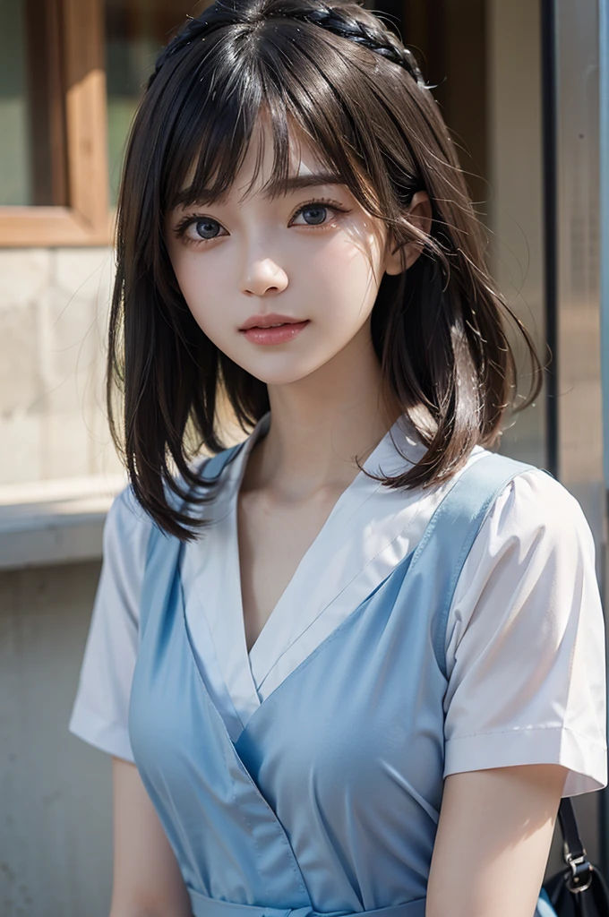 masterpiece, 1 beautiful girl, A detailed eye, Swollen eyes, top-quality, 超A high resolution, (reality: 1.4), 电影灯光, japanes, Trendy Korean Cosmetics、a asian beauty, very extremely beautiful, Beautiful skins, A slender, Forward-facing body, (A hyper-realistic), (hight resolution), (8K), (ighly detailed), ( Best Illustration), (beautifully detailed eyes), (ultra-detailliert), (wall-paper), 详细的脸, Bright lighting, Professional Lighting, looking at the viewers, Facing straight ahead、a pixie cut、Neat and clean clothing、background slightly blurred、Hair color is black、Hair color is partially bright blue、Japanese high school girl、School Uniforms、Amazing smile、Eye color is brown、medium breasts
