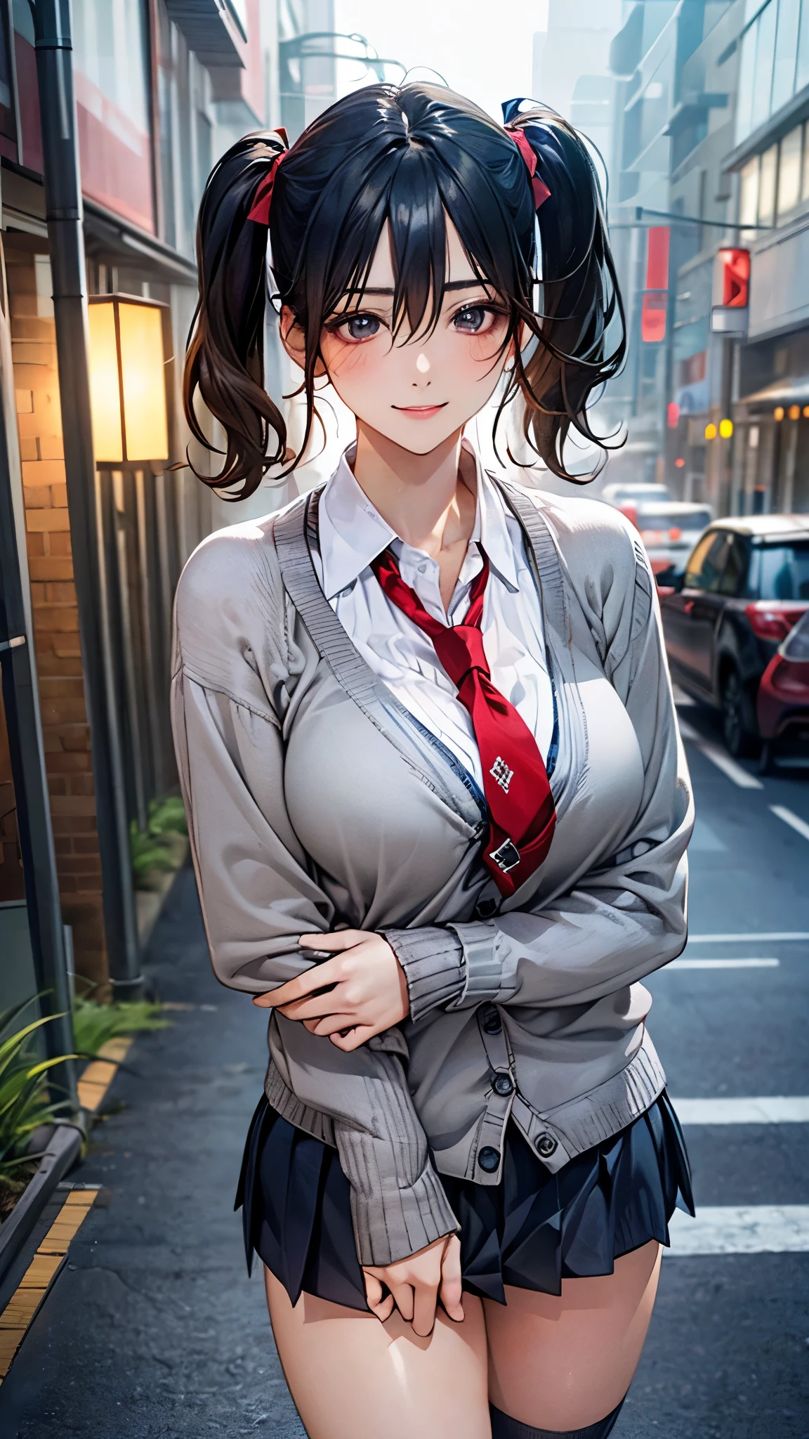 (masterpiece:1.2, top-quality), (realistic, photorealistic:1.4), beautiful illustration, (natural side lighting, movie lighting), nsfw,
looking at viewer, cowboy shot, front view:0.6, 1 girl, japanese, high school girl, perfect face, cute and symmetrical face, shiny skin,
(short hair:1.5, twintails:1.5, black hair), hair between eyes, black eyes, long eye lasher, (large breasts:0.6, thick thighs),
beautiful hair, beautiful face, beautiful detailed eyes, beautiful clavicle, beautiful body, beautiful chest, beautiful thigh, beautiful legs, beautiful fingers,
(((grey cardigan), white collared shirts, grey pleated mini skirt, navy socks, brown loafer, red tie)),
(beautiful scenery), evening, riverside, standing, (half-closed eye, lovely smile, upper eyes),