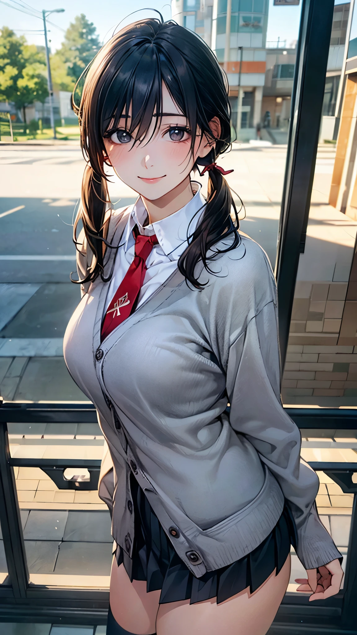 (masterpiece:1.2, top-quality), (realistic, photorealistic:1.4), beautiful illustration, (natural side lighting, movie lighting), nsfw,
looking at viewer, cowboy shot, front view:0.6, 1 girl, japanese, high school girl, perfect face, cute and symmetrical face, shiny skin,
(short hair:1.5, twintails:1.5, black hair), hair between eyes, black eyes, long eye lasher, (large breasts:0.6, thick thighs),
beautiful hair, beautiful face, beautiful detailed eyes, beautiful clavicle, beautiful body, beautiful chest, beautiful thigh, beautiful legs, beautiful fingers,
(((grey cardigan), white collared shirts, grey pleated mini skirt, navy socks, brown loafer, red tie)),
(beautiful scenery), evening, riverside, standing, (half-closed eye, lovely smile, upper eyes),