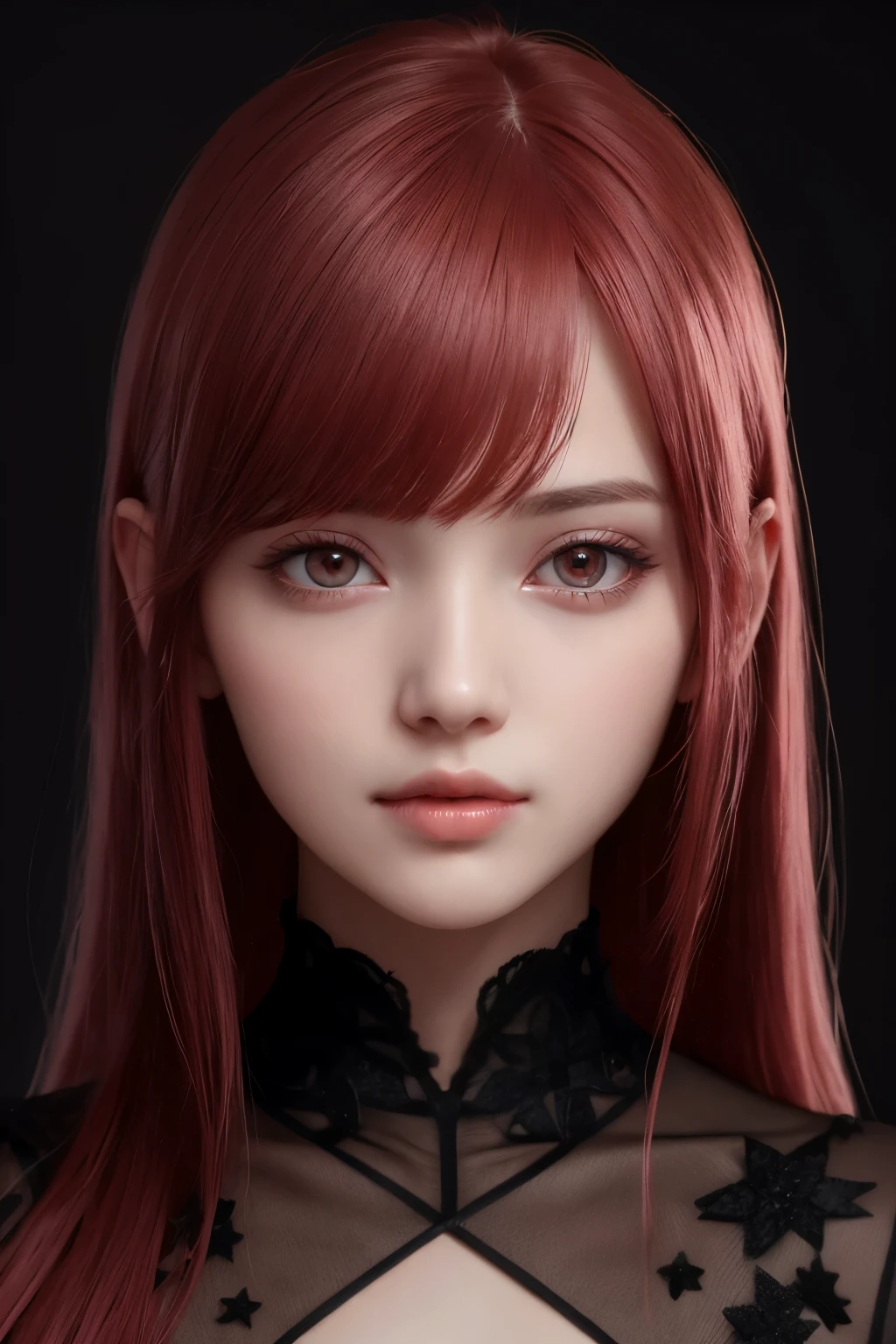 1girl, star eye, blush, perfect illumination, red hair, red eyes, unreal engine, sidelighting, detailed face, bangs, bright skin, simple background, dark background,