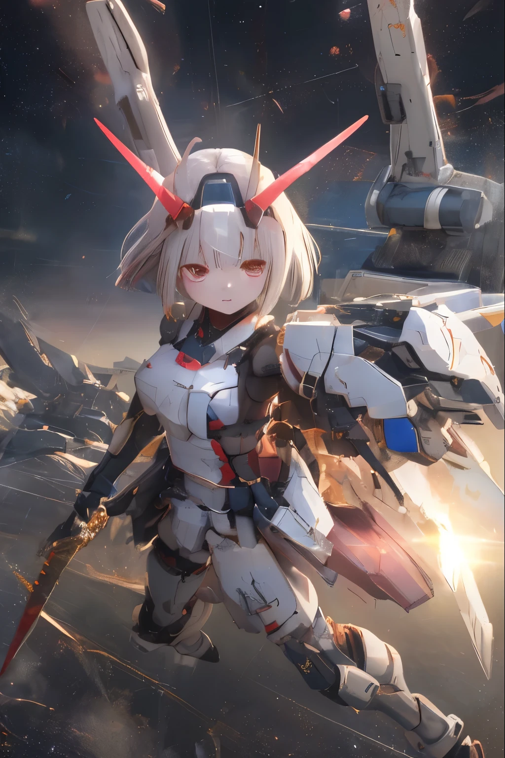 (highest quality)), ((masterpiece)), (very detailed: 1.3), 3D, {(japanese young girl)}, japanese girl wear shrine maiden anime costume under armor, wears a futuristic Gundam mecha,(Gundam), with headgear, with v-fin , armored shoulders,armored under arms, armored under legs, multilayer textureperfect proportions, octane rendering, duotone lighting, Low ISO, wide aperture, White balance, Rule of thirds, ultra HD16k, HDR (High Dynamic Range), Ray Tracing, NVIDIA RTX, Super Resolution, Subsurface Scattering, PBR Texturing, Post Processing, Anisotropic Filtering, Depth of Field, Maximum Clarity and Clarity, High efficiency subpixel, subpixel convolution, particles of light, light scattered, Tyndall effect, full body:1.5, battle pose, cute, (cute:1.2), (bob cut:1.3),三つ編み, 黒髪, 太い眉毛, 薄い色の虹彩, 大きくて輝いている黒い瞳, 長いまつげ, 小さく薄い色の自然な唇, (Average face of Japanese idols), (日本人特有の童顔:1.3), (baby face), 広いおでこ:1.2, ふっくらした頬, 小さな顎, visible side boob, (holding a shining Japanese sword:1.5), in the hangar,looking at viewer,Focus on the eyes