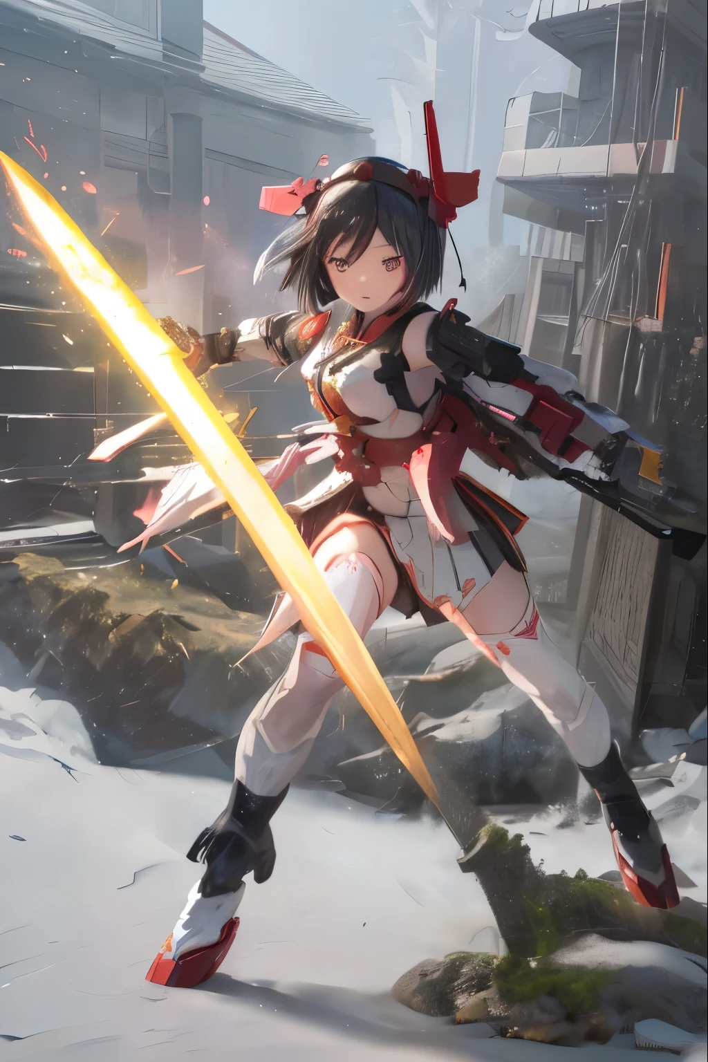 (highest quality)), ((masterpiece)), (very detailed: 1.3), 3D, 1 girl, white theme, (wear shrine maiden anime costume), wears a futuristic Gundam mecha,(Gundam), with headgear, with v-fin , armored shoulders,armored under arms, armored under legs, (ware a scarlet hakama:1.2), multilayer textureperfect proportions, octane rendering, duotone lighting, Low ISO, wide aperture, White balance, Rule of thirds, ultra HD16k, HDR (High Dynamic Range), Ray Tracing, NVIDIA RTX, Super Resolution, Subsurface Scattering, PBR Texturing, Post Processing, Anisotropic Filtering, Depth of Field, Maximum Clarity and Clarity, High efficiency subpixel, subpixel convolution, particles of light, light scattered, Tyndall effect, full body:1.5, battle pose, cute, (cute:1.2), (bob cut:1.3),三つ編み, 黒髪, 太い眉毛, 薄い色の虹彩, 大きくて輝いている黒い瞳, 長いまつげ, 小さく薄い色の自然な唇, (Average face of Japanese idols), (日本人特有の童顔:1.3), (baby face), 広いおでこ:1.2, ふっくらした頬, 小さな顎, visible side boob, (holding a shining Japanese sword in the right hand:1.2), broken streets, Broken City,looking at viewer,Focus on the eyes