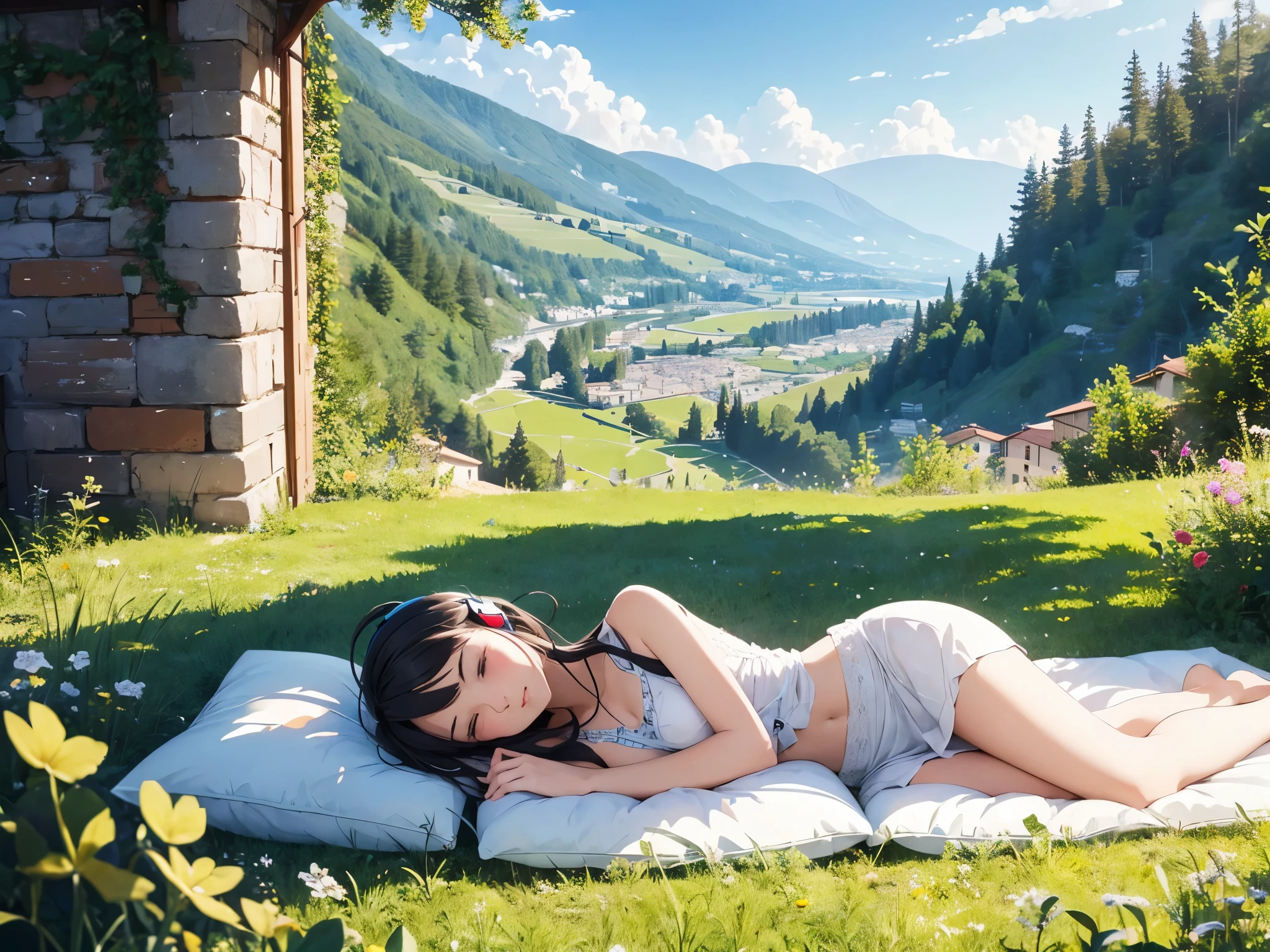italian scenery、beautiful illustrations, highest quality, A cute girl wearing headphones and listening to music while sleeping with her eyes closed in the meadow