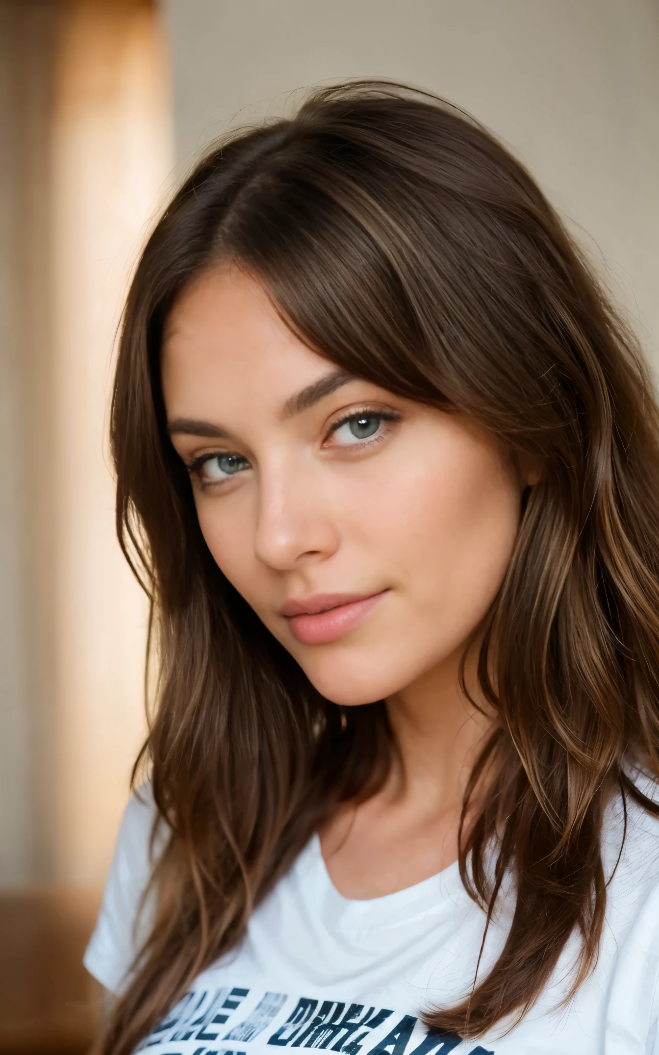 Beautiful brunette with blonde highlights wearing a t-shirt (in home), highly detailed, 22 years old, , boobs, innocent face, natural wavy hair, blue eyes, high resolution, Masterpiece, Best quality, Intricate high detail, Highly detailed, Sharp focus, Detailed skin, realistic skin texture, texture, detailed eyes, professional, 4k, charming smile, shot on Canon, 85mm, shallow depth of field, Kodak Vision Color, Perfect Fit Body , extremely detailed, photography_\(ultra\), Photorealistic, Realistic, Post-processing, maximum details, roughness, real life, ultra realistic, Photorealism, photography, 8k UHD, photography, busty