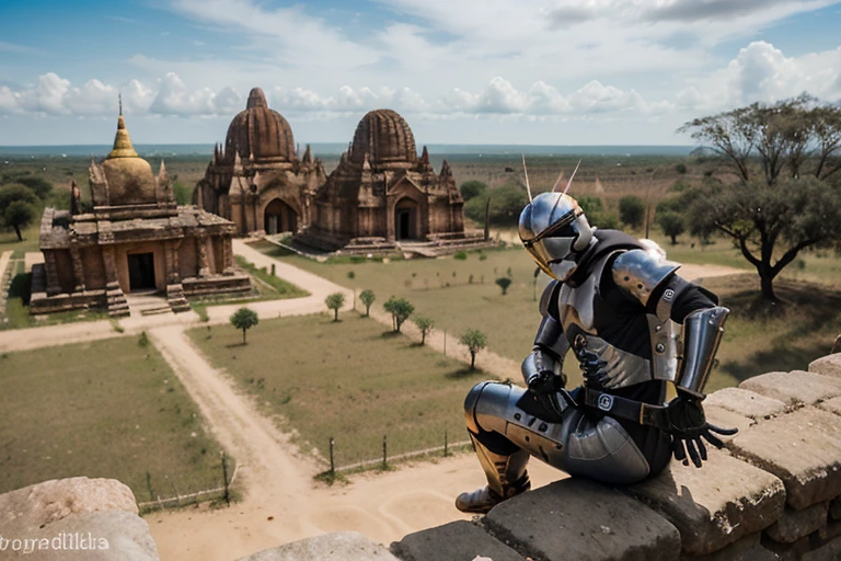 Stormtrooper, agonizante , Armadura sangrienta, en el campo de batalla, de rodillas, epopeya, 8k, robot bettween bagan pagoda in the background