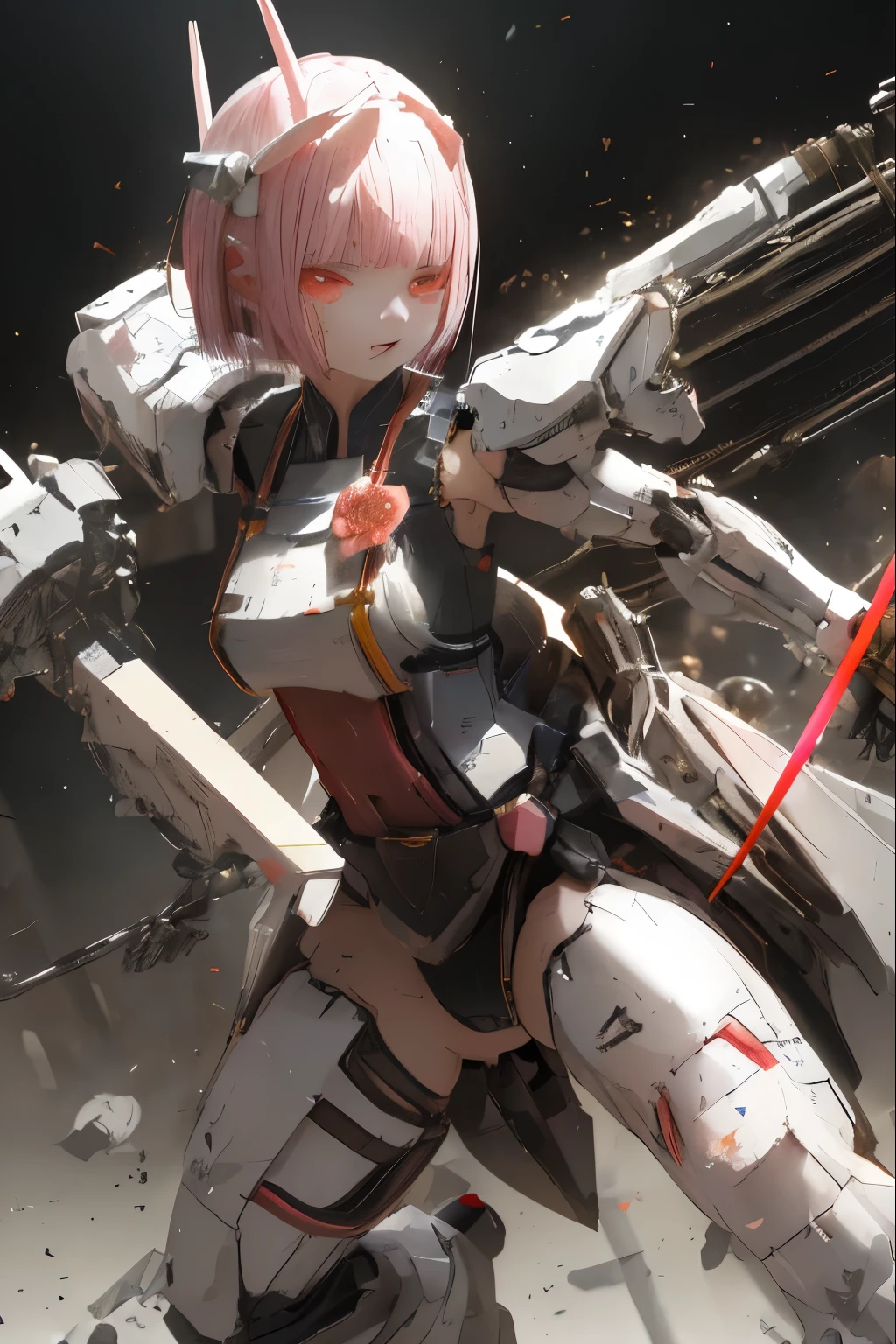 (highest quality)), ((masterpiece)), (very detailed: 1.3), 3D, {(japanese young girl)}, japanese girl wear shrine maiden anime costume under armor, wears a futuristic Gundam mecha,(Gundam), with headgear, with v-fin , armored shoulders,armored under arms, armored under legs, multilayer textureperfect proportions, octane rendering, duotone lighting, Low ISO, wide aperture, White balance, Rule of thirds, ultra HD16k, HDR (High Dynamic Range), Ray Tracing, NVIDIA RTX, Super Resolution, Subsurface Scattering, PBR Texturing, Post Processing, Anisotropic Filtering, Depth of Field, Maximum Clarity and Clarity, High efficiency subpixel, subpixel convolution, particles of light, light scattered, Tyndall effect, full body:1.5, battle pose, cute, (cute:1.2), (bob cut:1.3),三つ編み, 黒髪, 太い眉毛, 薄い色の虹彩, 大きくて輝いている黒い瞳, 長いまつげ, 小さく薄い色の自然な唇, (Average face of Japanese idols), (日本人特有の童顔:1.3), (baby face), 広いおでこ:1.2, ふっくらした頬, 小さな顎, visible side boob, (holding a shining Japanese sword:1.5), in the hangar,looking at viewer,Focus on the eyes