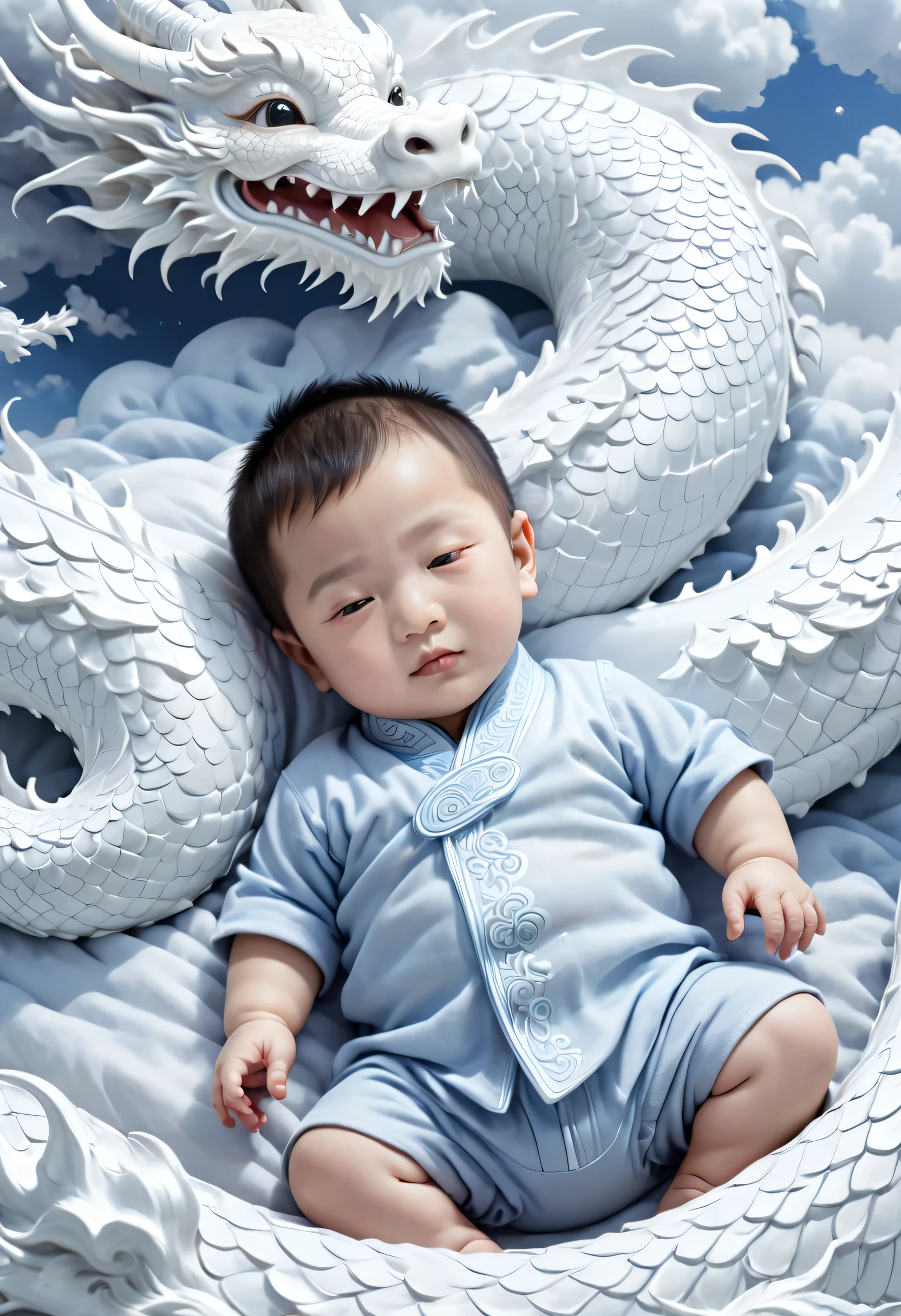 A two-year-old Chinese baby boy,charming, round face,Sleeping on the white dragon bed, Zhu Lian&#39;realist painting, Shutterstock Contest Winners, fantasy art, a dragon made of clouds, Chinese fantasy, Lying in Baiyun Wonderland，lens, style, Intricate and refined details, high quality，china boy