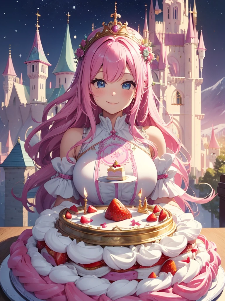 highest quality、Highest image quality、masterpiece、A castle made of a giant cake measuring 300 centimeters in height、、close up cake、Esbian、High quality、beautiful art、background((starry ski)))muste piece、visual art、Depth of bounds written、city of cakes、cake palace、、magic of light、、harp melody🎵、A happy smile、pink hair、gentle light、Beautiful fairy eats cake with a fork、ticker beautiful decorative、mystical rosa、 、amazing strawberry cake、celebration!anniversary、myth、Art nouveau friendly smile、party、🍰huge cake for party、delicious、super huge cake 3 meters、castle made of cake fairy tales、palace of cake hansel and gretel