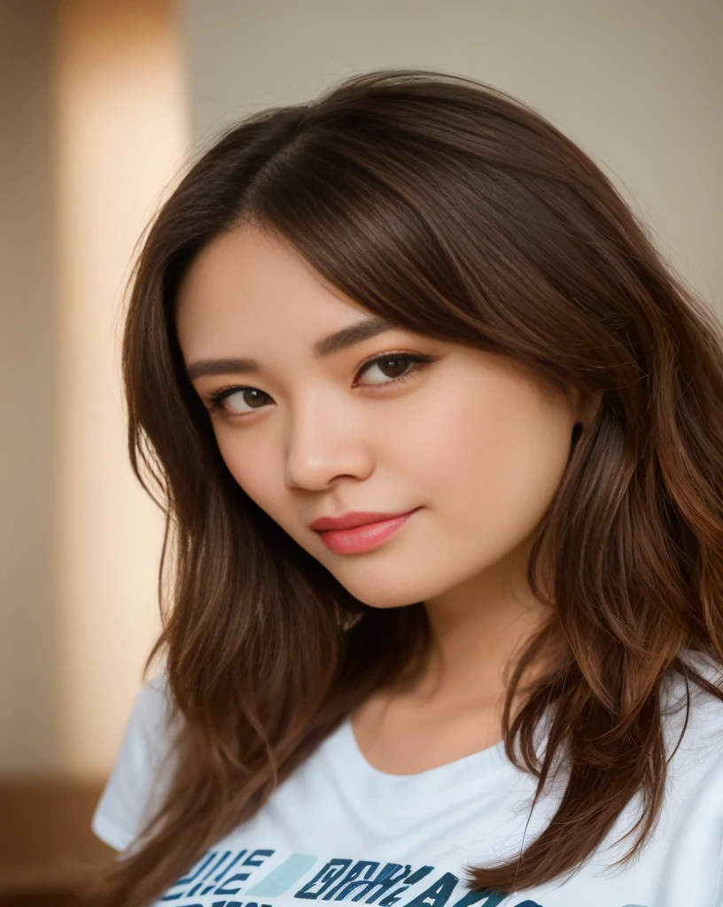 a close up of a woman wearing a colorful sweater and earrings, with short hair, lee ji - eun, lee ji-eun, sha xi, soft portrait shot 8 k, a cute young woman, tzuyu from twice, nivanh chanthara, heonhwa choe, xintong chen, lulu chen, park ji-min, yun ling