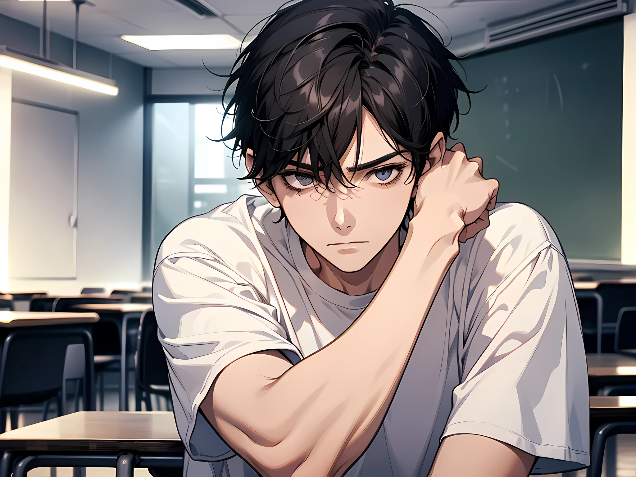 1 man, wearing white tshirt, black hair, short hair, sad facial expression, skinny body, face to detail, detailed eyes, the background is classroom, perfect hands, full body photo