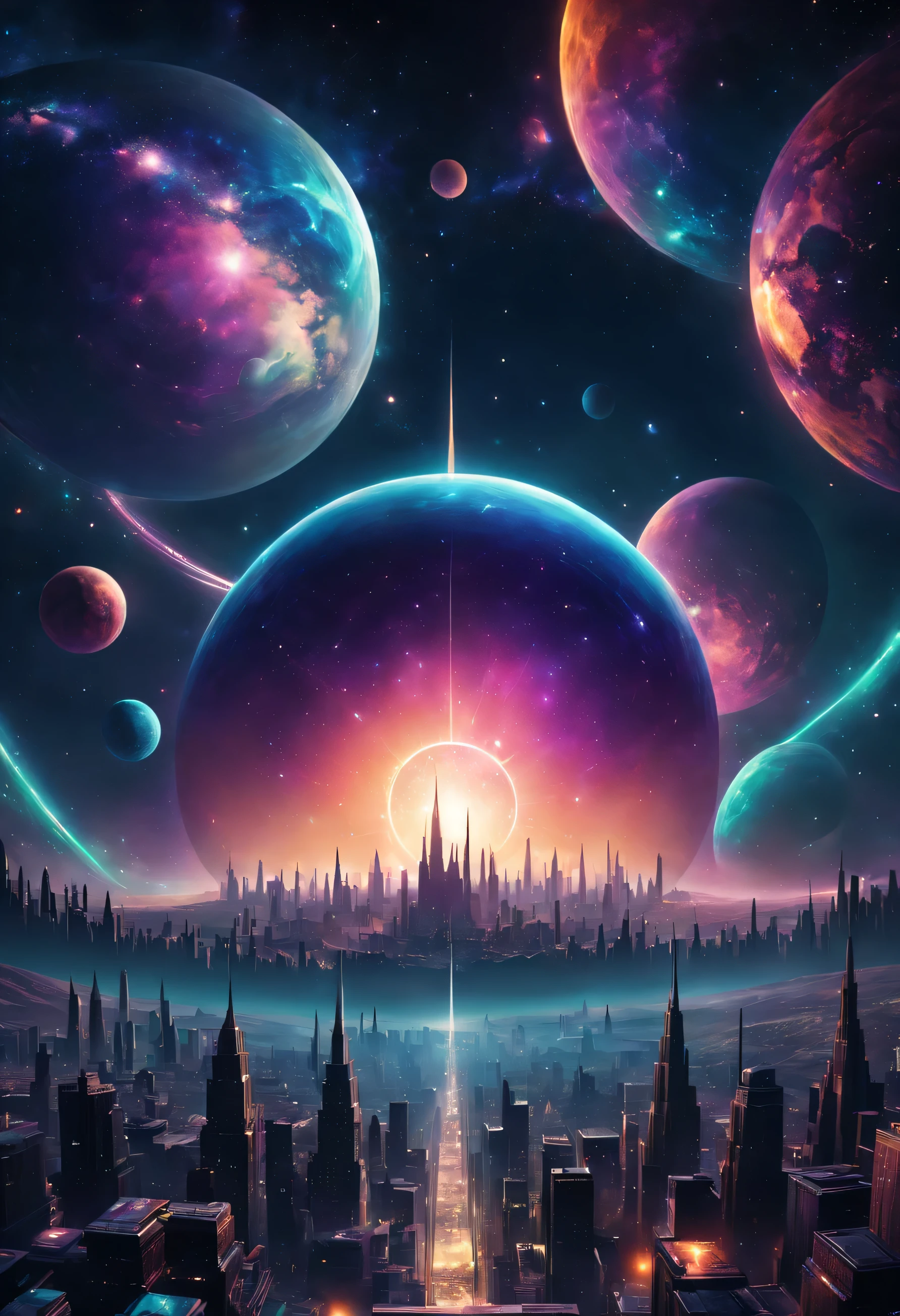 Create a surreal and vibrant cosmic scene featuring geometric shapes, celestial bodies, and an intricate cityscape. The scene should be centered around a glowing sphere emitting radiant light. The background should be filled with stars and galaxies, giving it a deep space atmosphere.