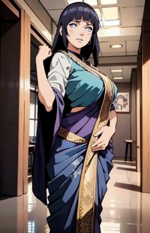 Big tits, ((wearing indian blue saree)) , (saree covering body), fullbody, good anatomy, masterpiece, best quality, 4k, 8k, professional photography, soft light, sharp focus, 1 girl, hinata from naruto anime,black hair with perfect bang, parted banks, detailed face+purple eyes, open lips, lipstick, boobs show, boobs show, ass show, butt show, from behind, hands on butt,fingering