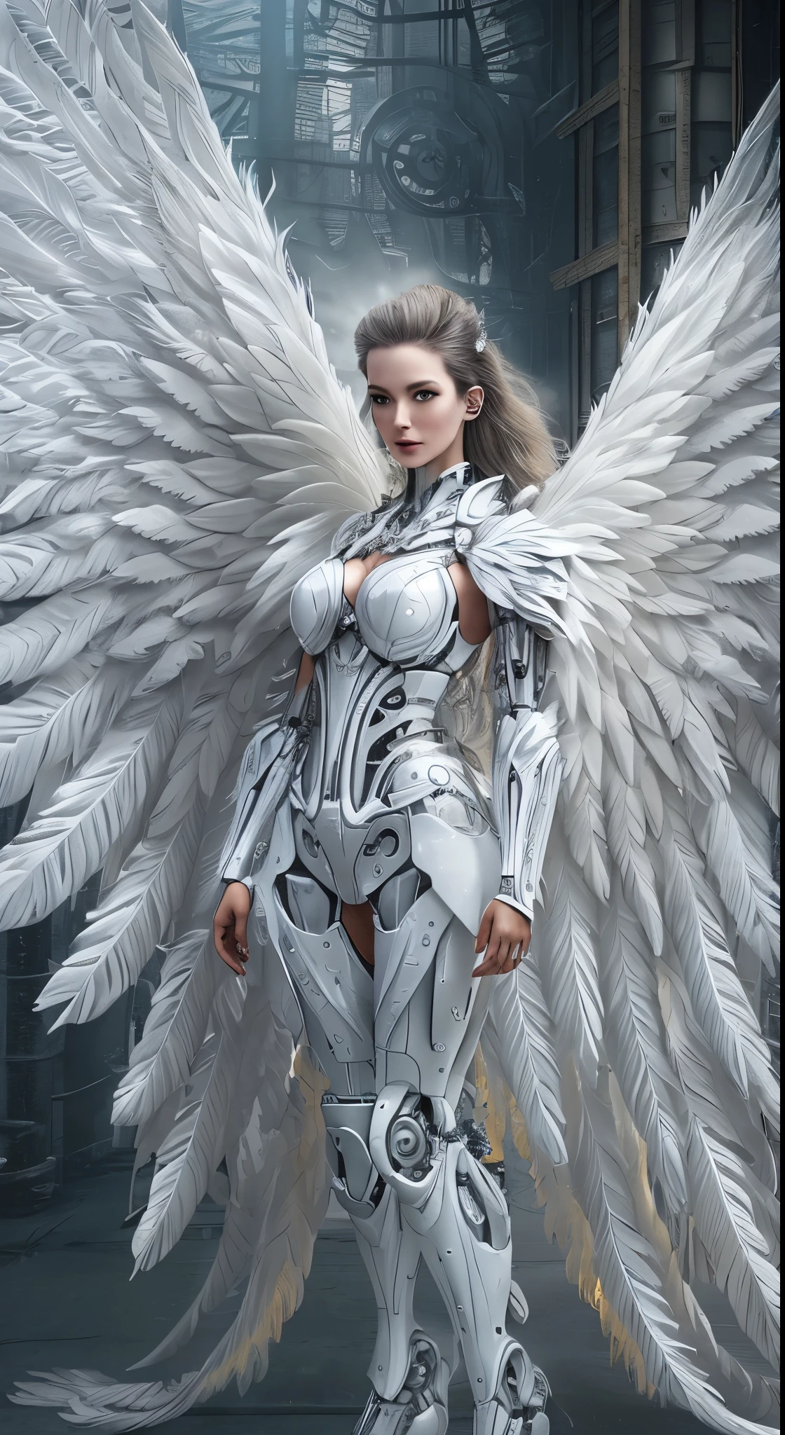 a close up of a woman in a white dress with wings, full body angel, futuristic robot angel, magnificent angel wings, angel knight gothic girl, angel in plastic armor, intricate costume design, as a mysterious valkyrie, whole body made of white feathers,, futuristic and fantastic, white wings, beautiful angelic wings, steampunk angel, beautiful cyborg angel girl, graceful wings